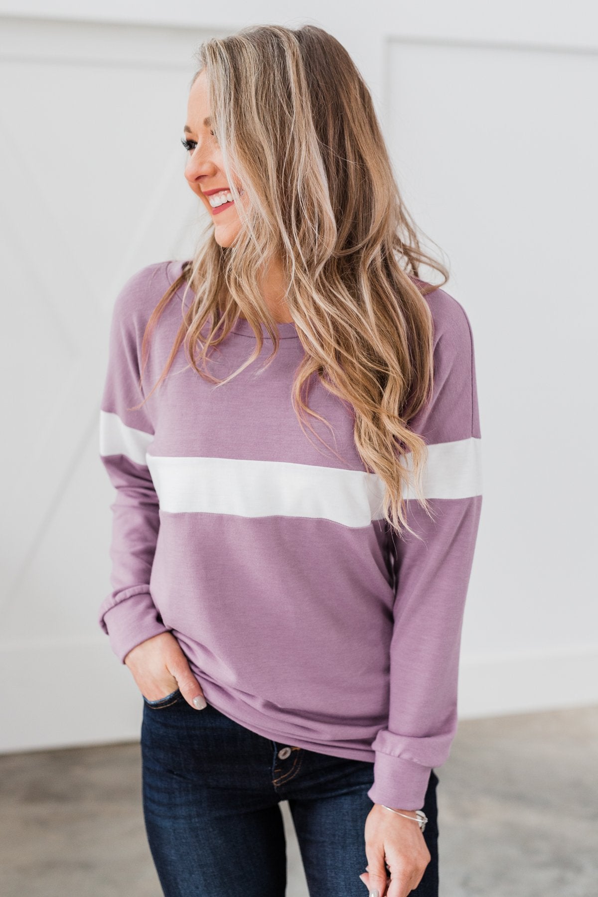 Make No Mistake Long Sleeve Top- Dark Lavender & Ivory