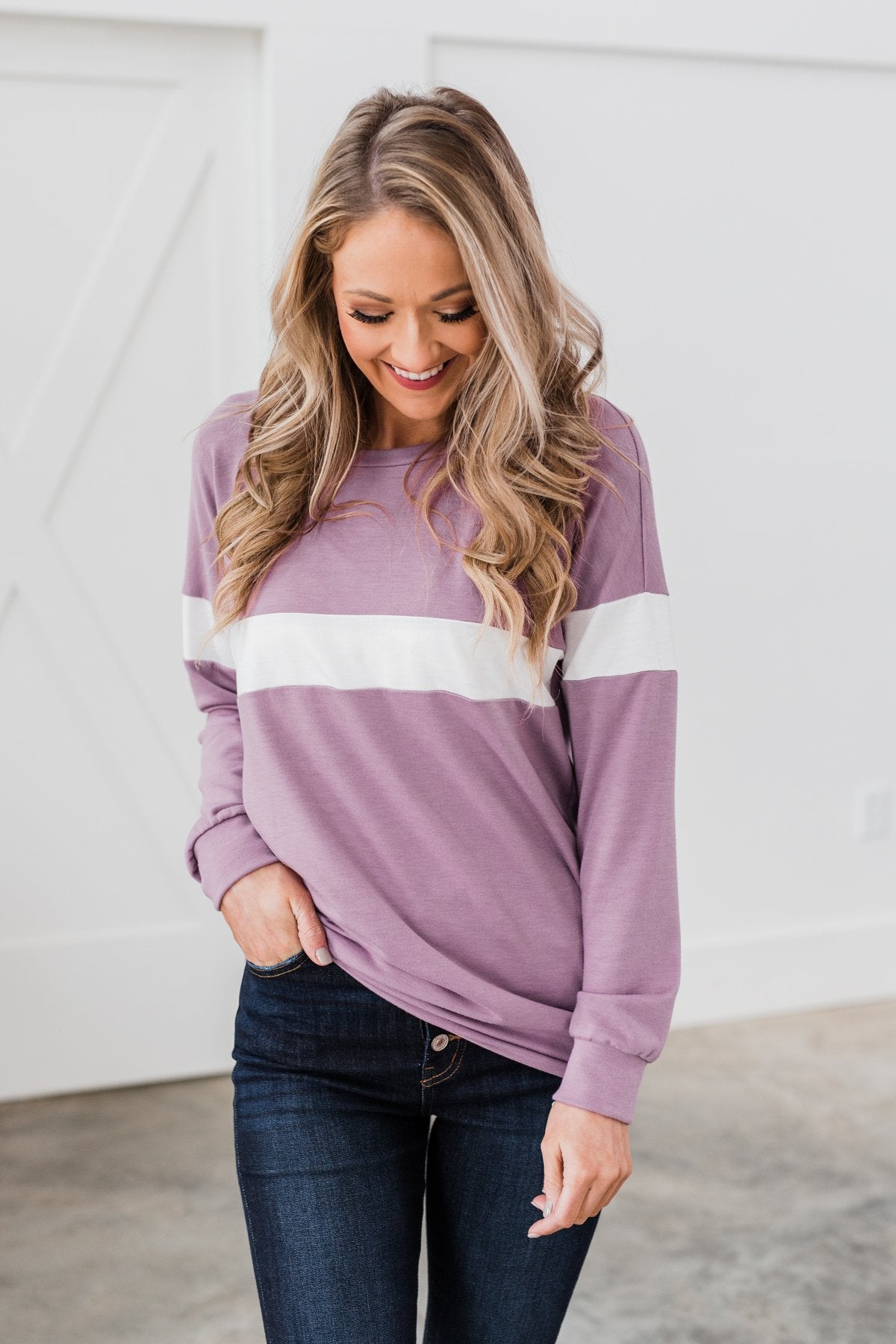 Make No Mistake Long Sleeve Top- Dark Lavender & Ivory