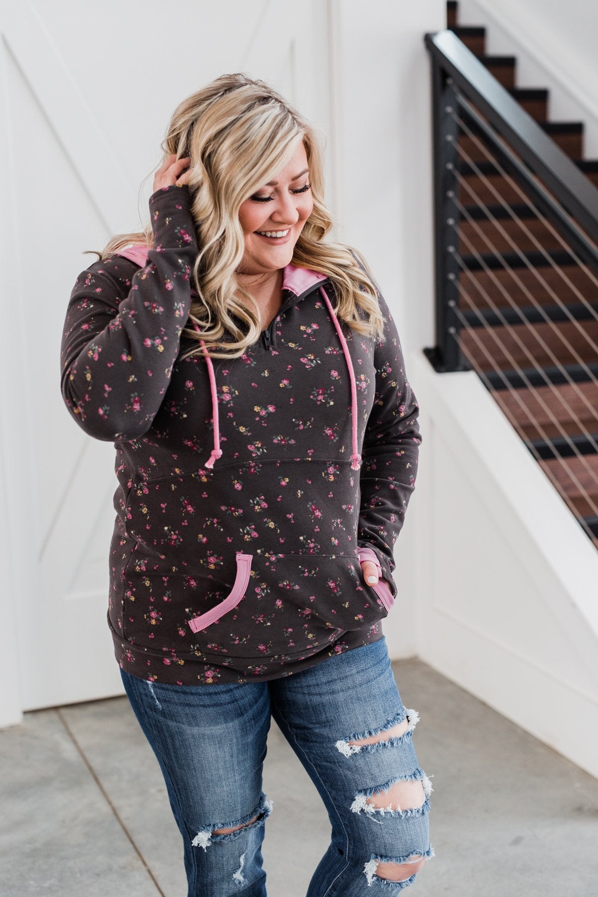 Walk In The Park Floral Drawstring Hoodie- Dusty Charcoal