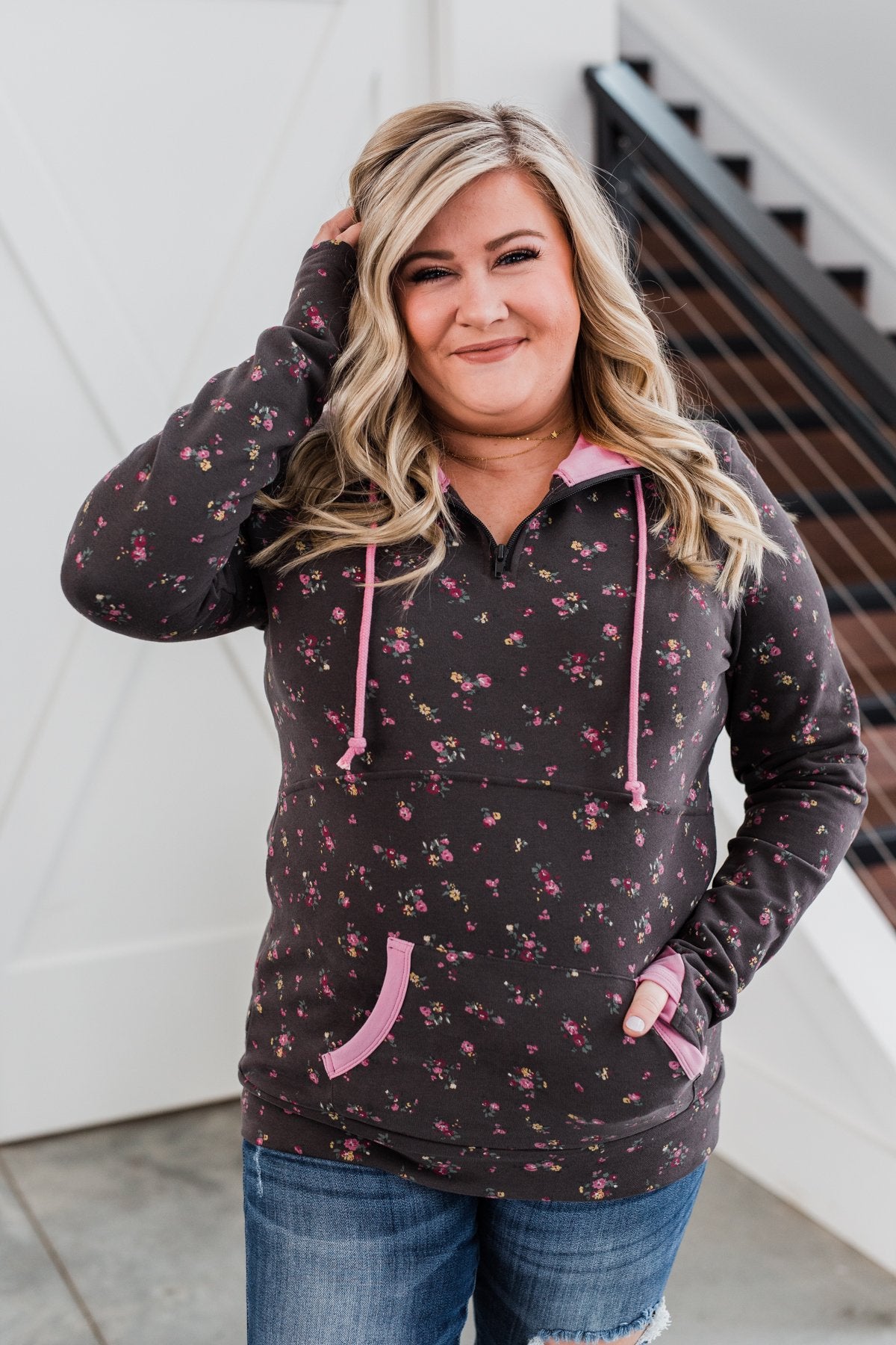 Walk In The Park Floral Drawstring Hoodie- Dusty Charcoal