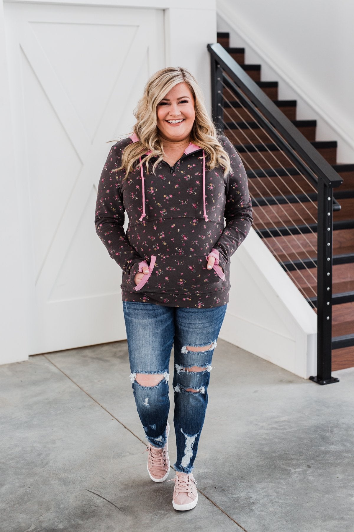 Walk In The Park Floral Drawstring Hoodie- Dusty Charcoal