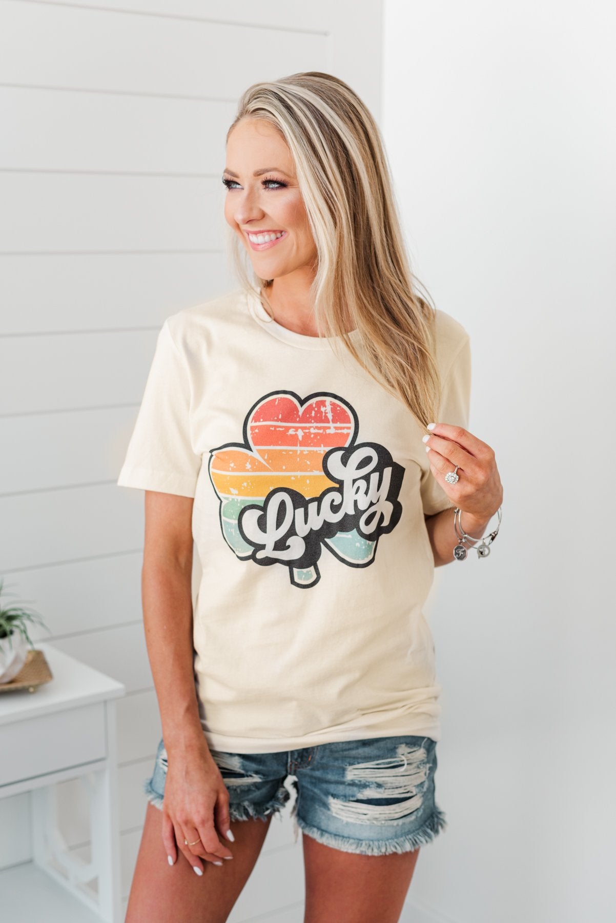"Lucky" Striped Shamrock Retro Graphic Tee- Cream