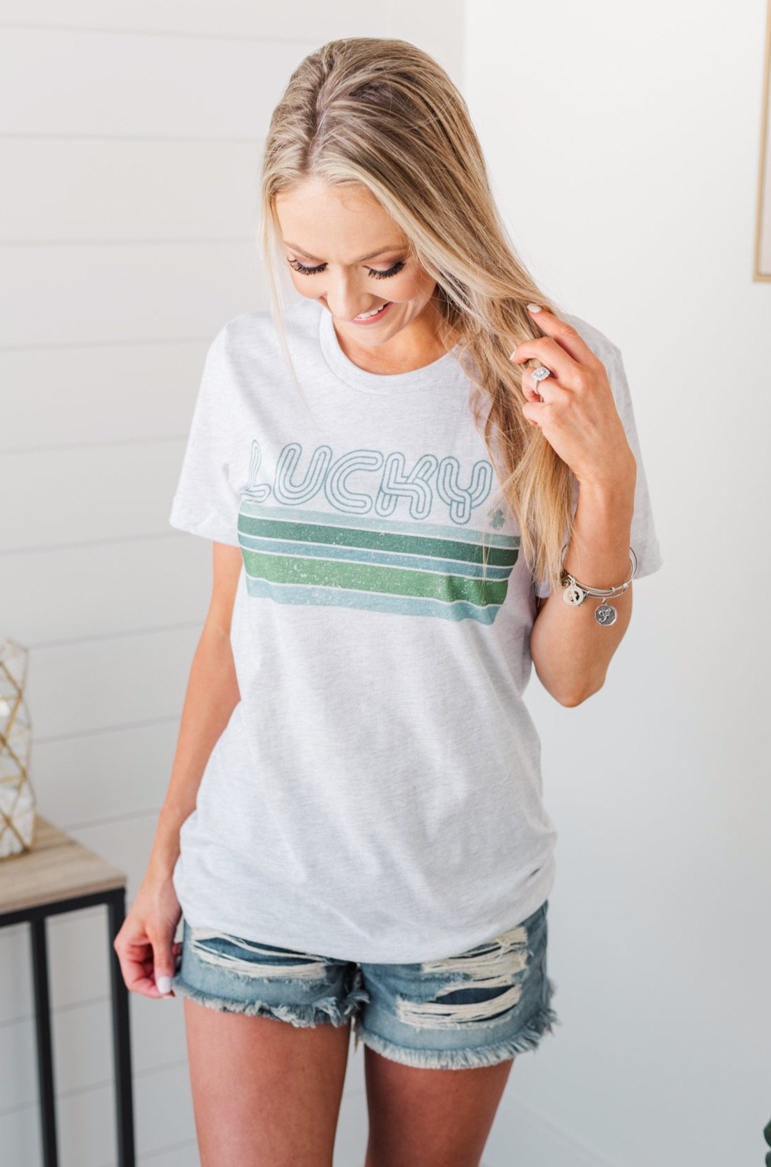 "Lucky" Retro Stripe Graphic Tee- Light Heather Grey