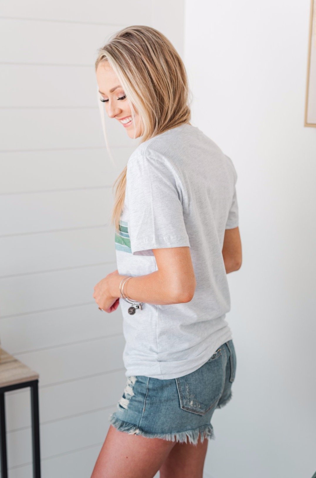 "Lucky" Retro Stripe Graphic Tee- Light Heather Grey