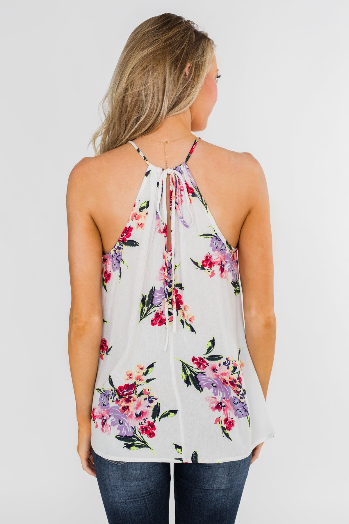 Look To Me Floral Crochet Halter Tank Top- White