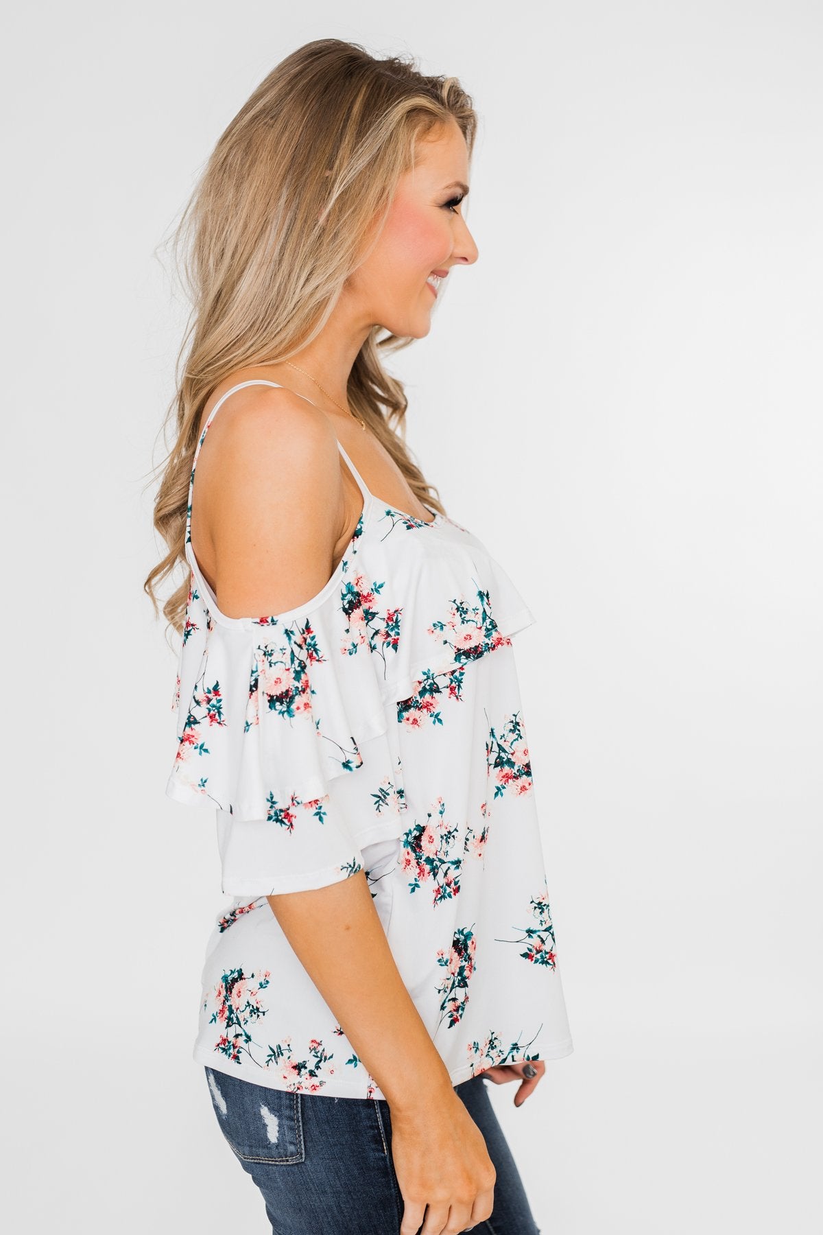White floral cold shoulder top Clearance