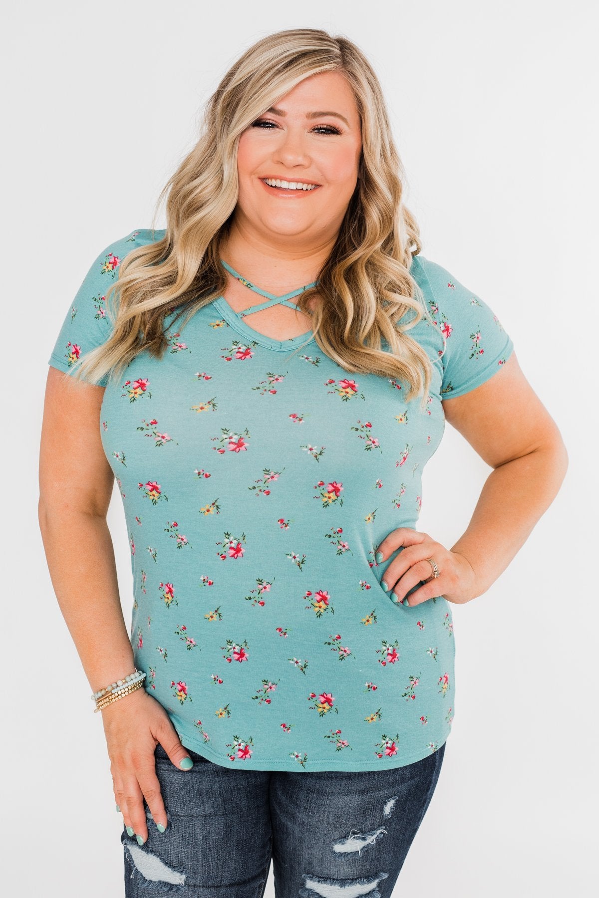 Meet Me in the Garden Floral Criss Cross Top- Light Blue