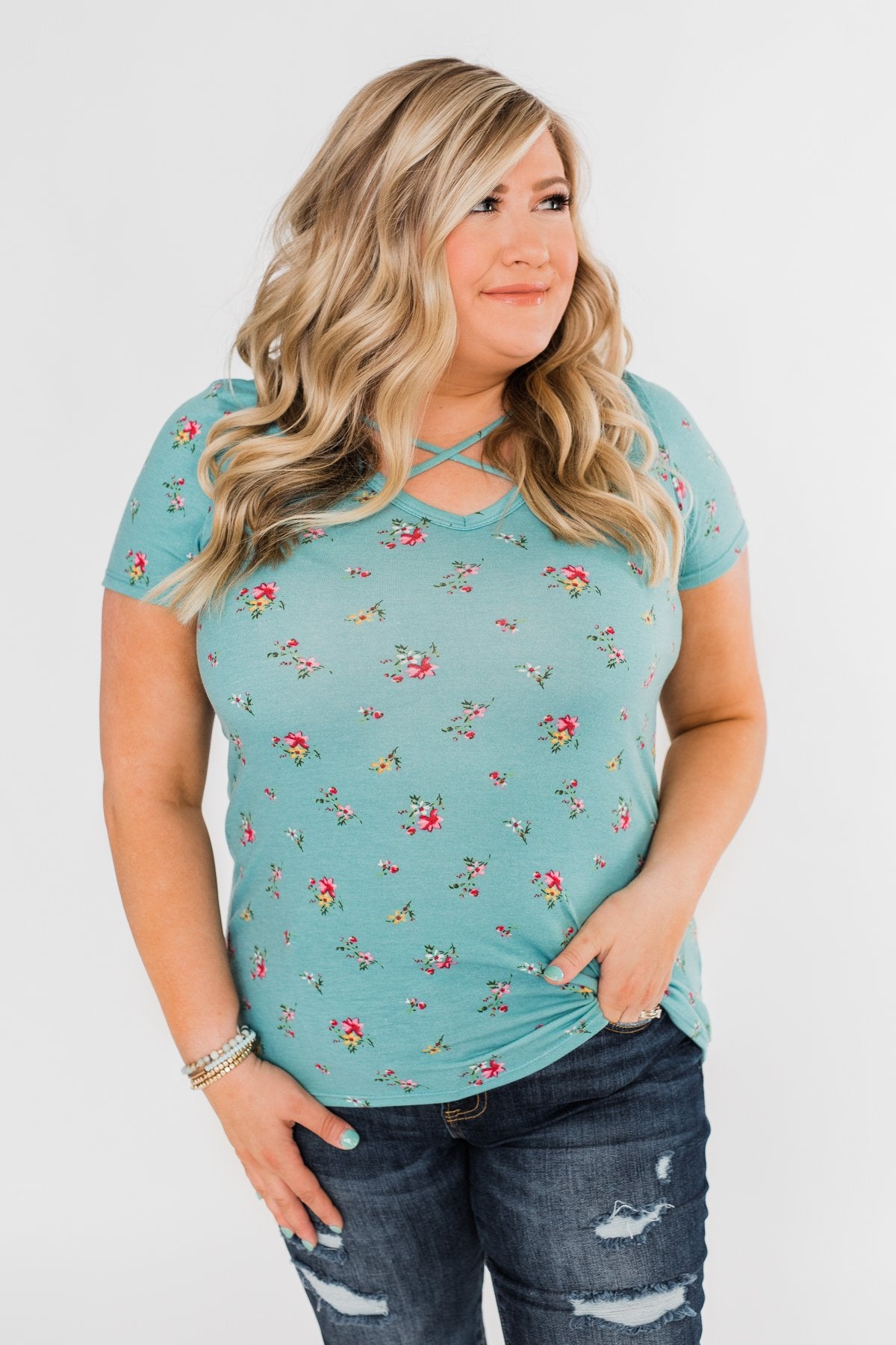 Meet Me in the Garden Floral Criss Cross Top- Light Blue