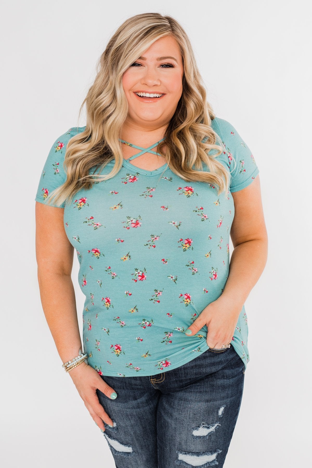 Meet Me in the Garden Floral Criss Cross Top- Light Blue