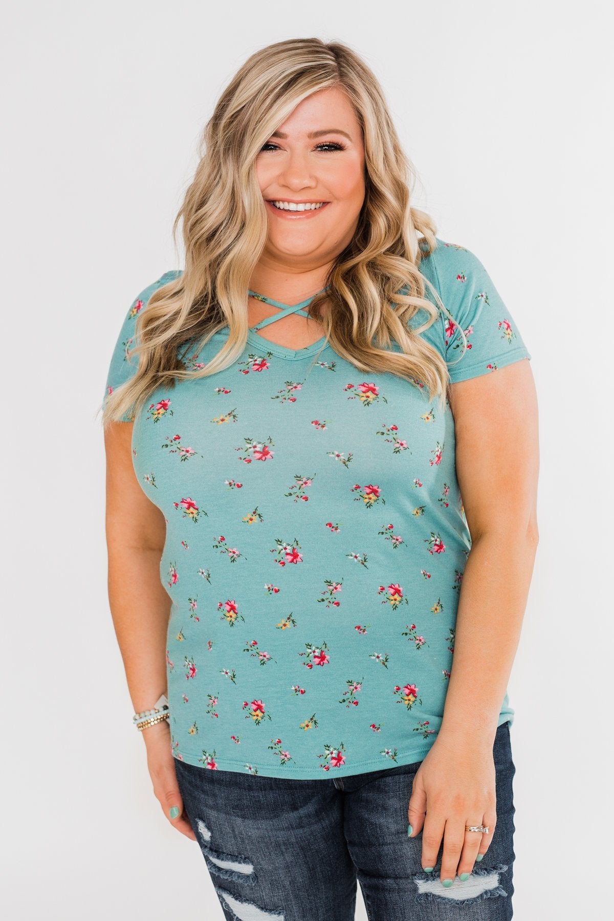 Meet Me in the Garden Floral Criss Cross Top- Light Blue