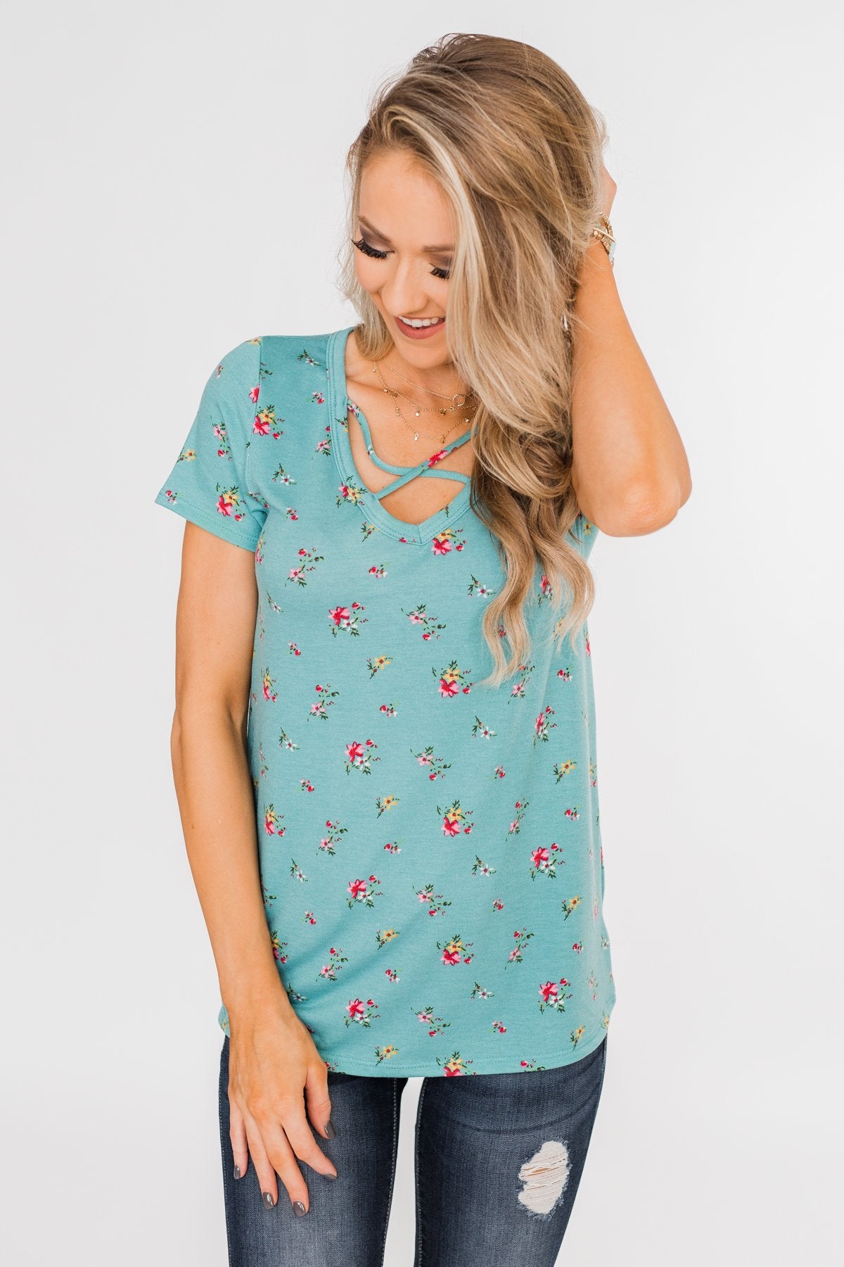 Meet Me in the Garden Floral Criss Cross Top- Light Blue