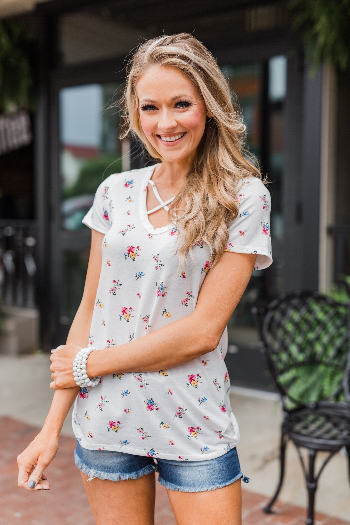 Meet Me in the Garden Floral Criss Cross Top- White