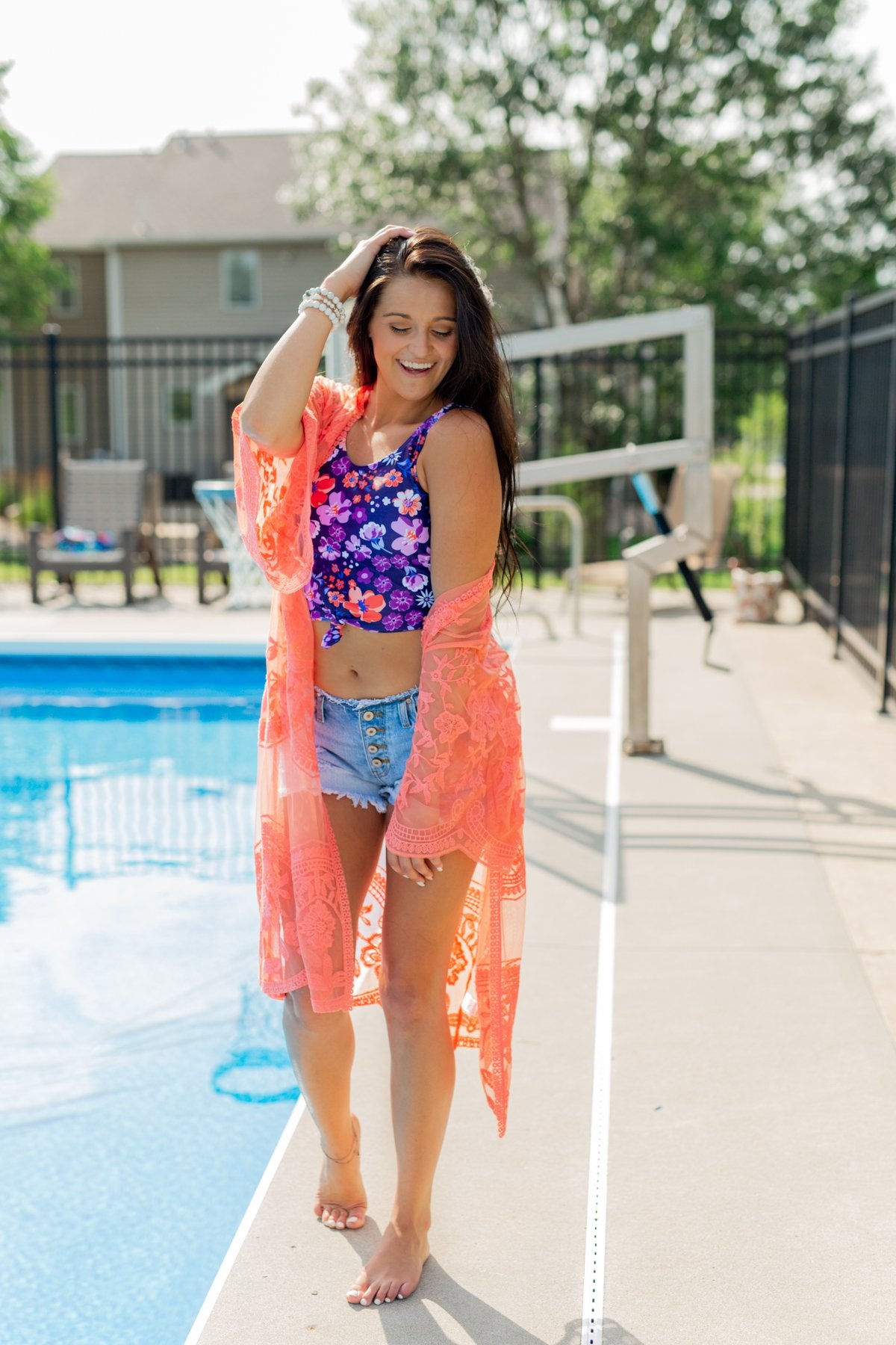 Floral Front Knot Swimsuit Tankini- Purple & Orange