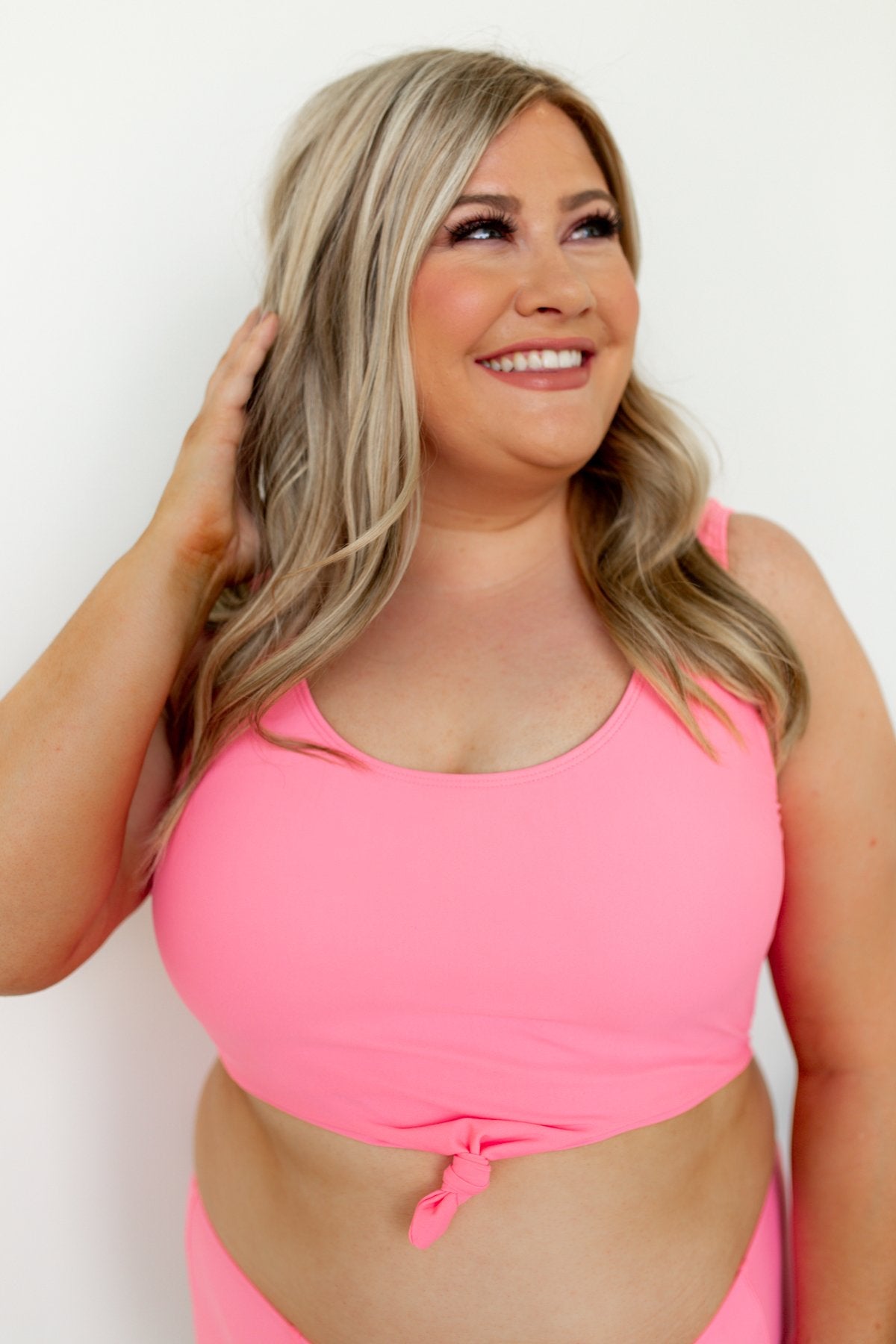 Front Knot Swimsuit Tankini- Neon Pink