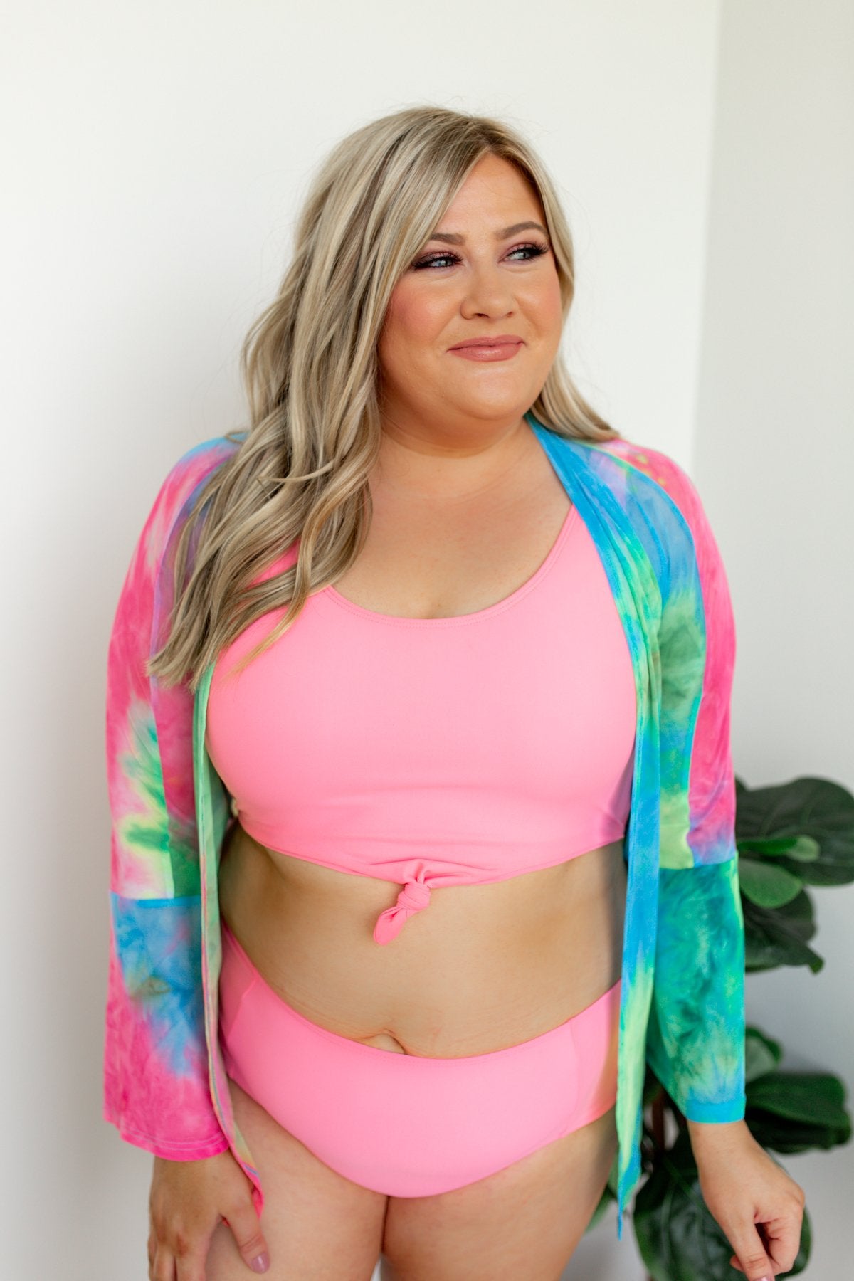Front Knot Swimsuit Tankini- Neon Pink