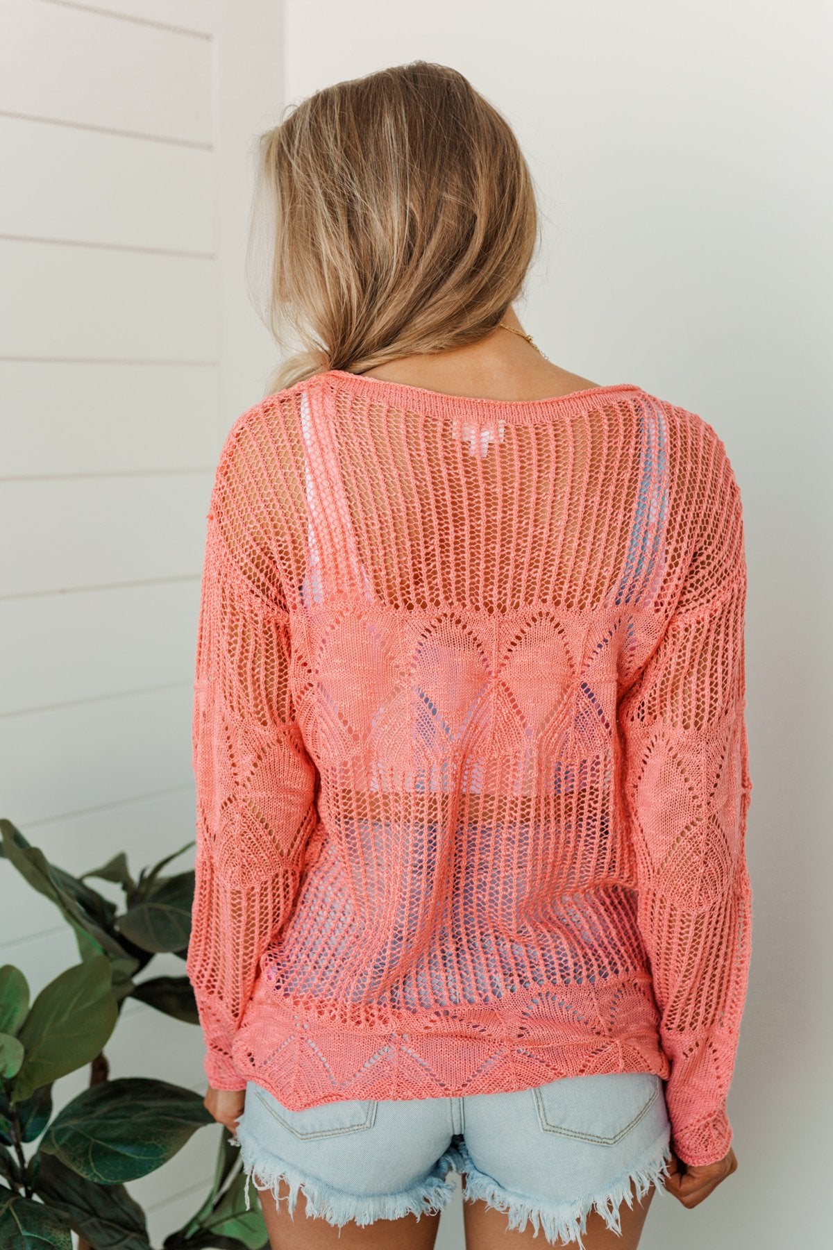 Effortless Smiles Open Knit Sweater- Coral