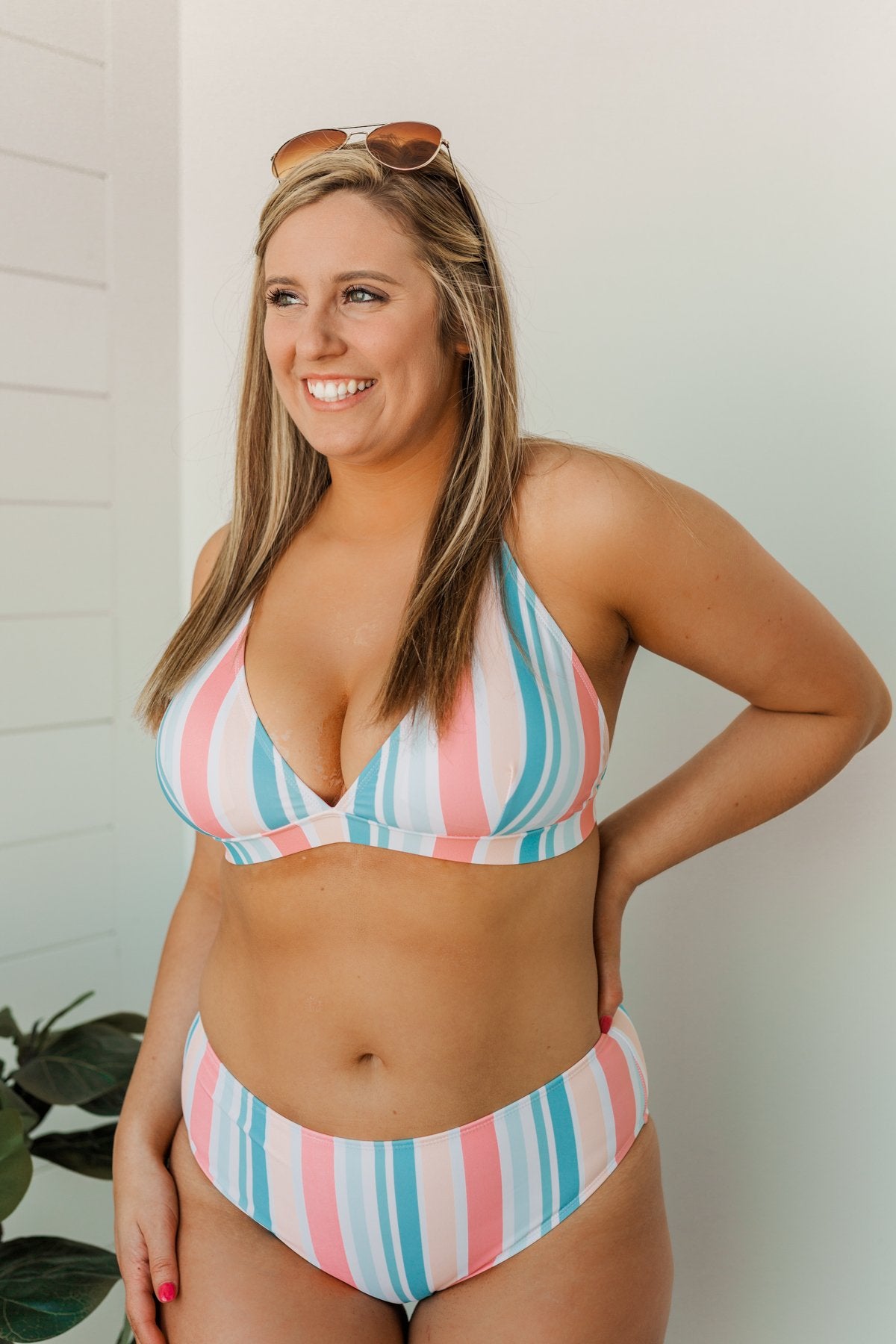 Beach Babe Triangle Bikini Top- Striped Multi-Color