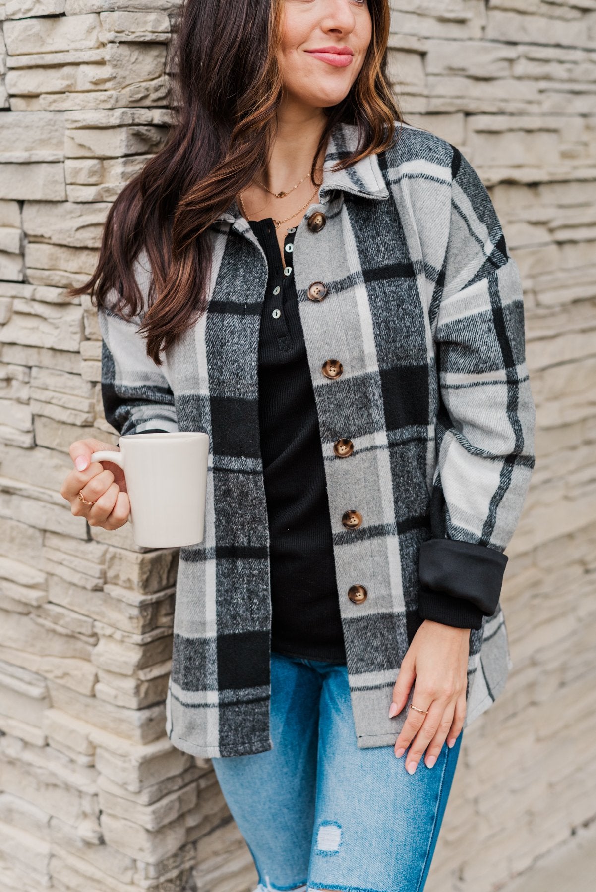 Black and grey plaid jacket deals