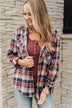 Stay With Me Hooded Plaid Top- Taupe, Navy & Cranberry