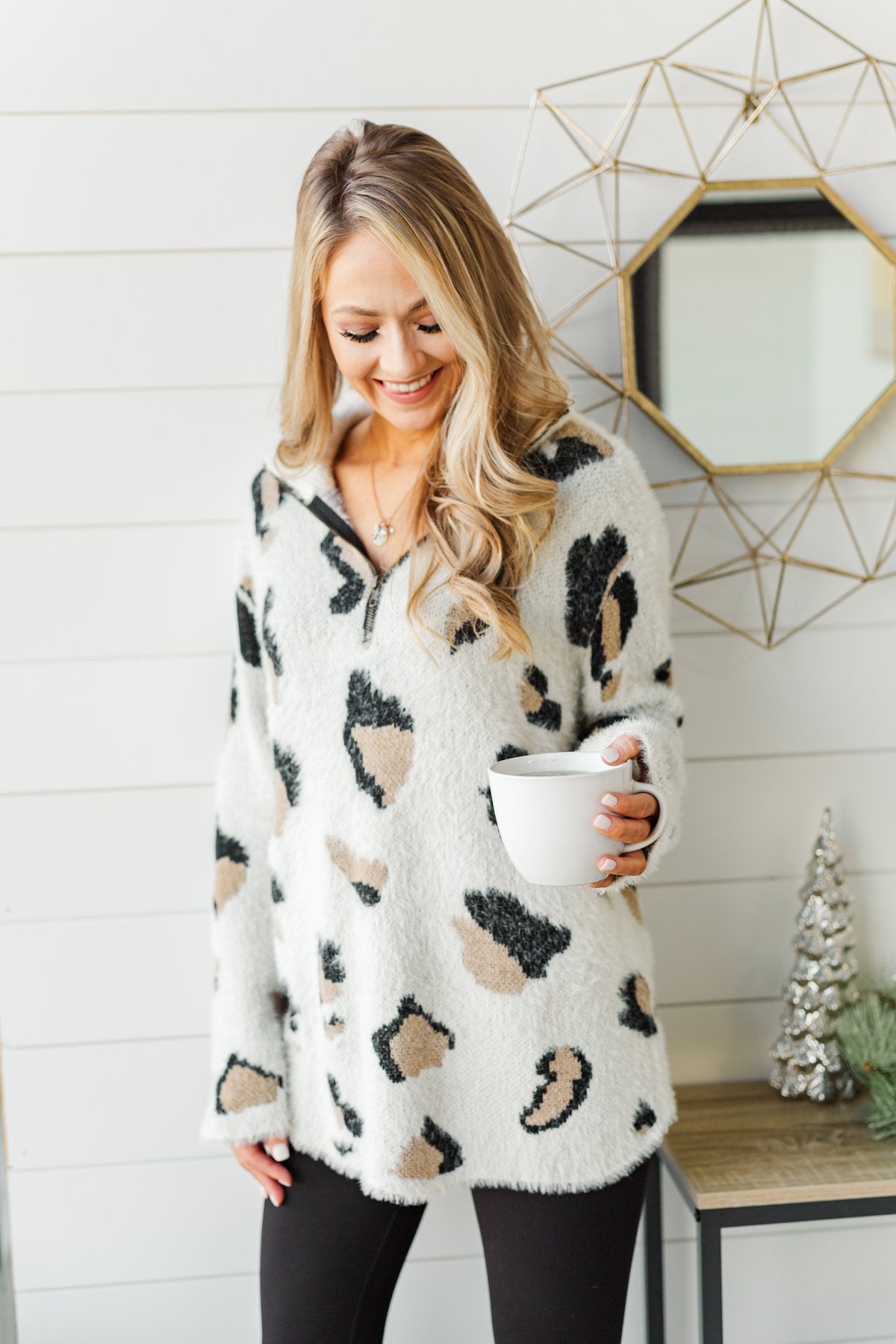 Wild One Animal Print Quarter Zip Pullover- Ivory, Black, Taupe