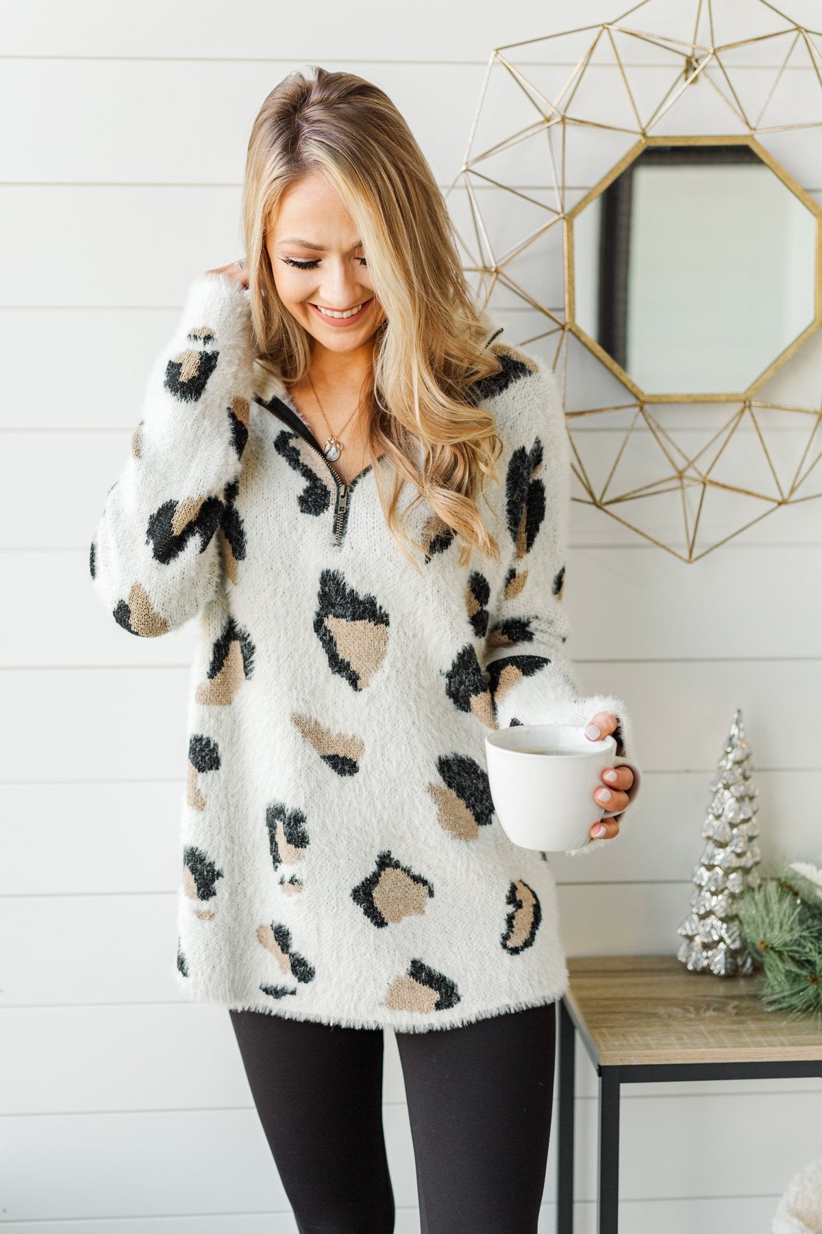 Wild One Animal Print Quarter Zip Pullover- Ivory, Black, Taupe