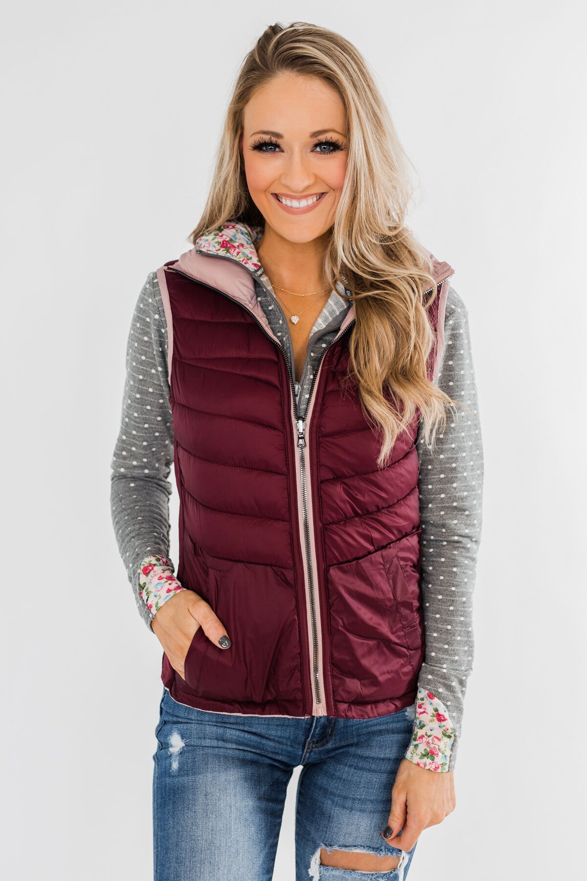 A New Journey Reversible Vest- Blush & Burgundy