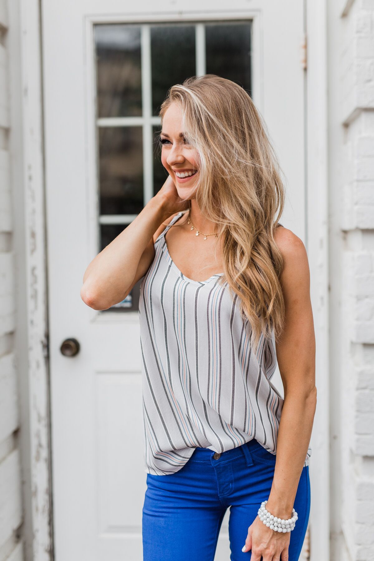 Striped Spaghetti Strap Tank Top- Grey & Blue Tones