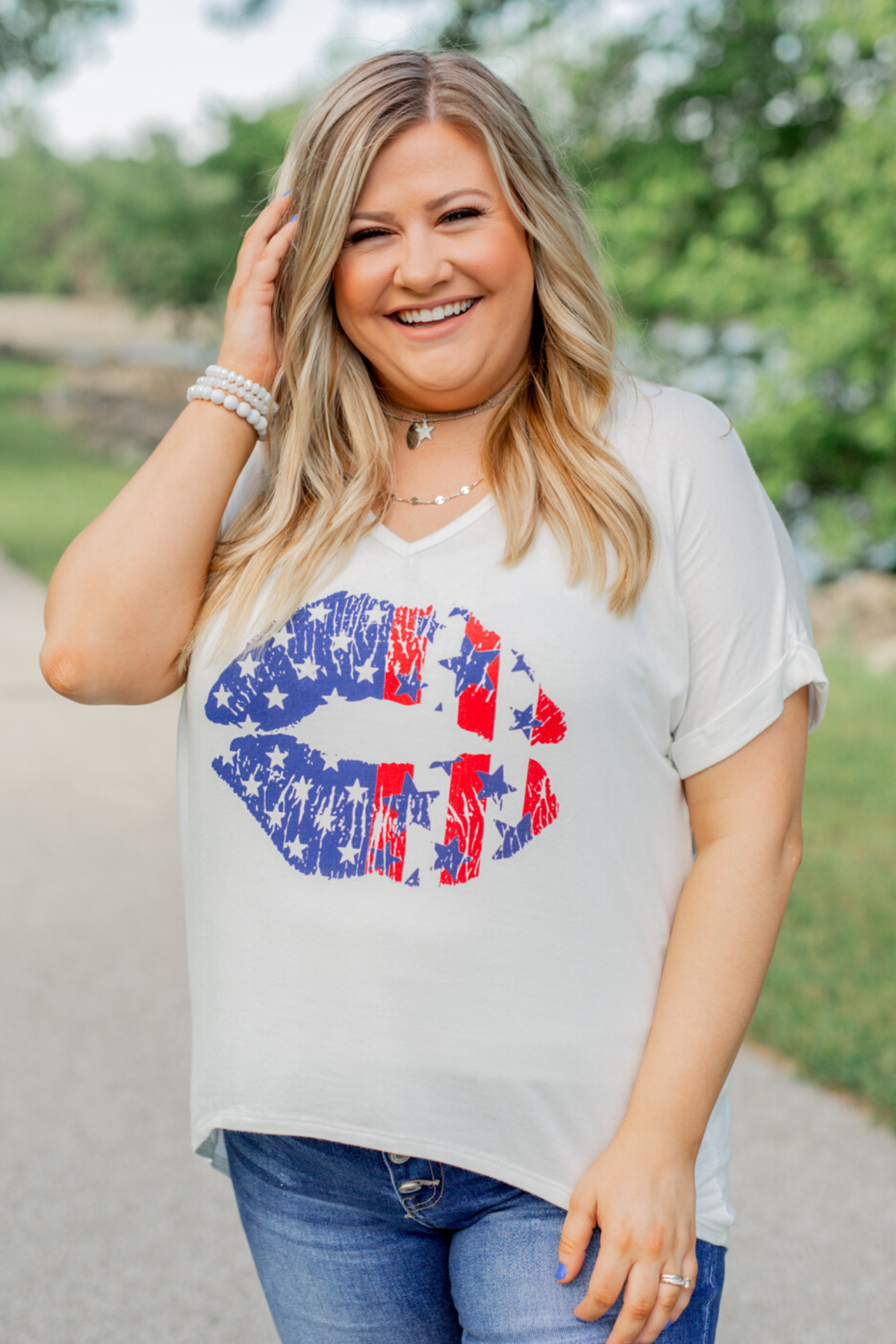 American Flag Lip Graphic Top- Ivory