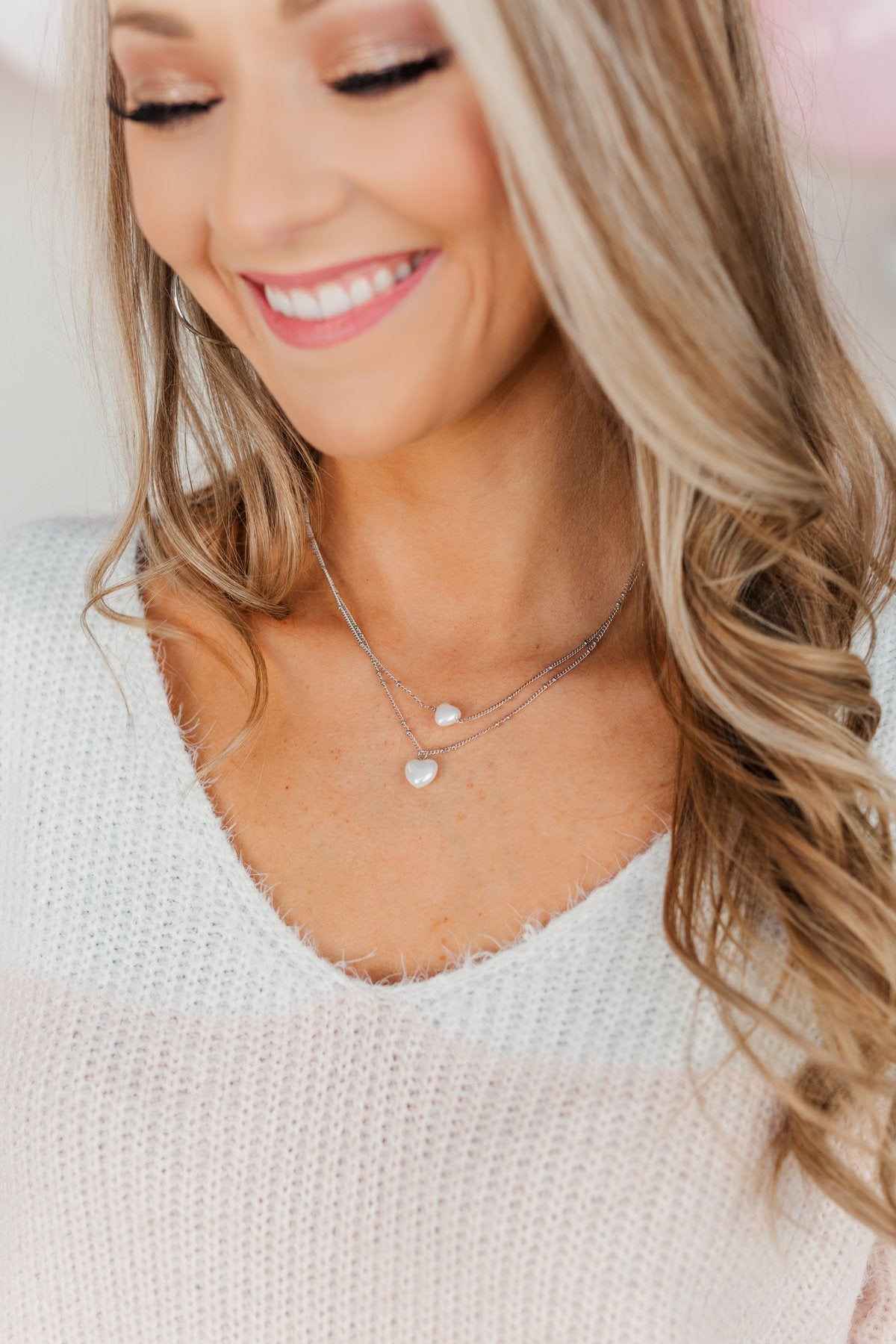 Darling 2-Tier Heart Necklace- Silver & Pearl