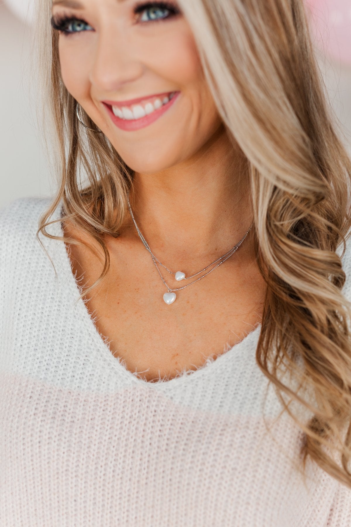Darling 2-Tier Heart Necklace- Silver & Pearl