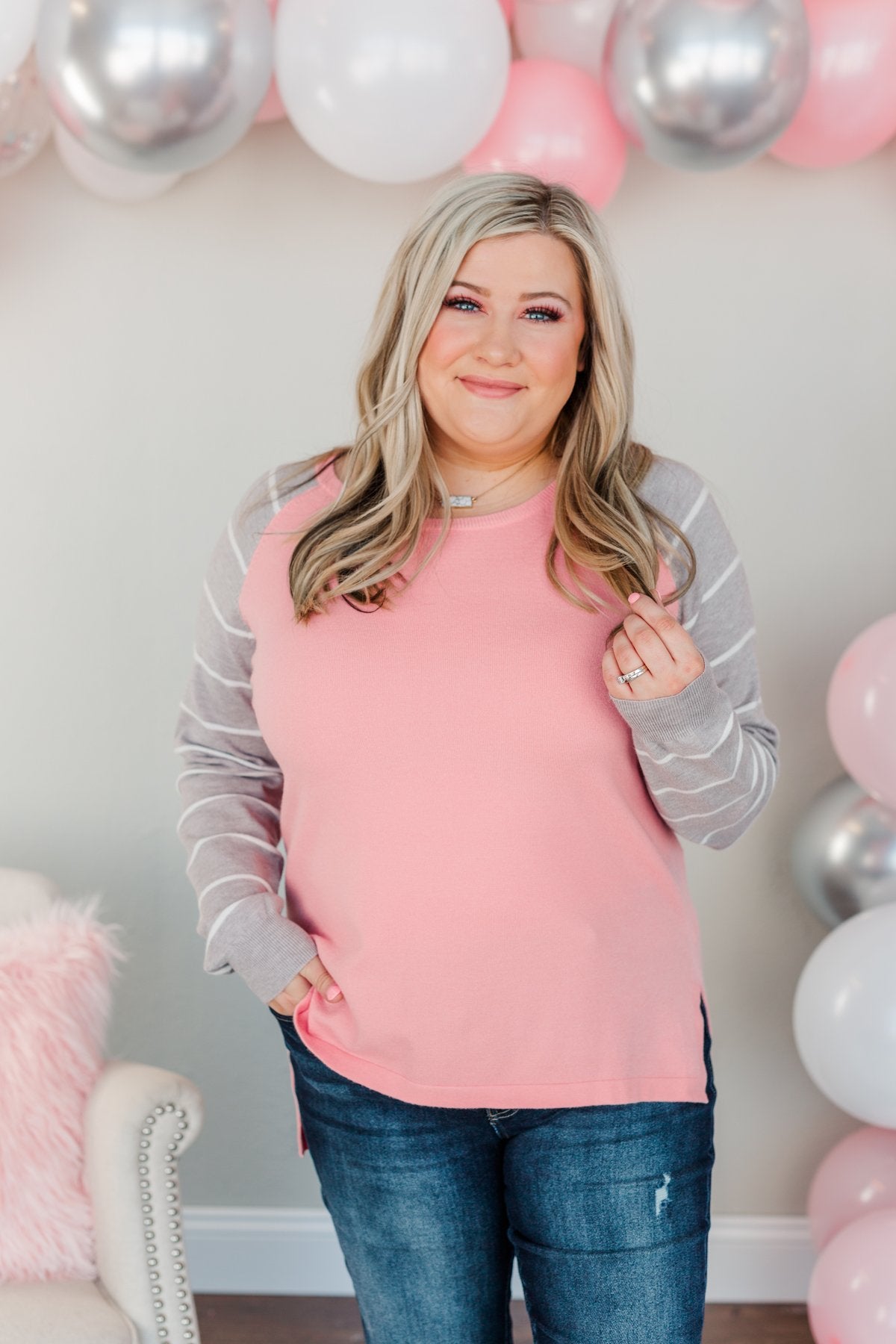 Forever In Love Long Sleeve Top- Pink & Grey