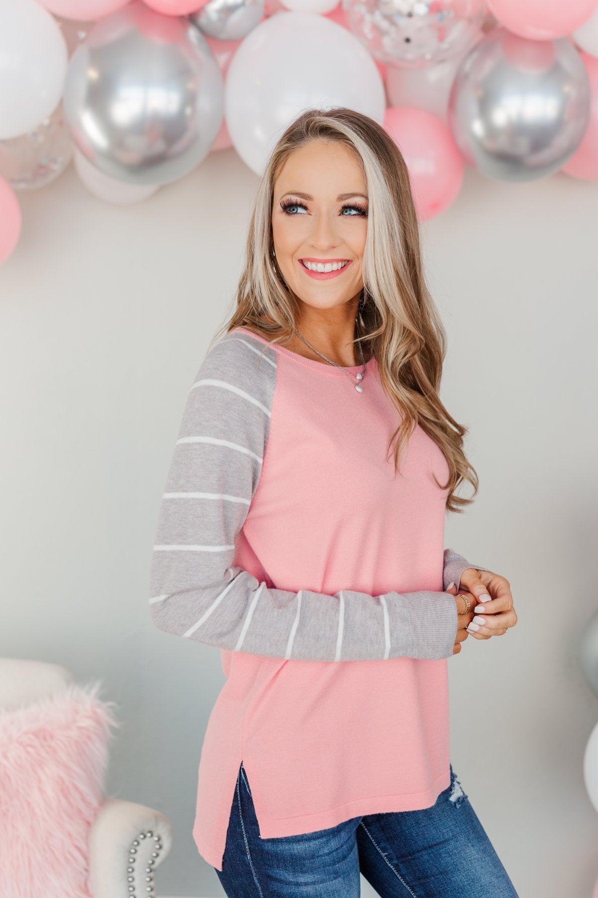 Forever In Love Long Sleeve Top- Pink & Grey