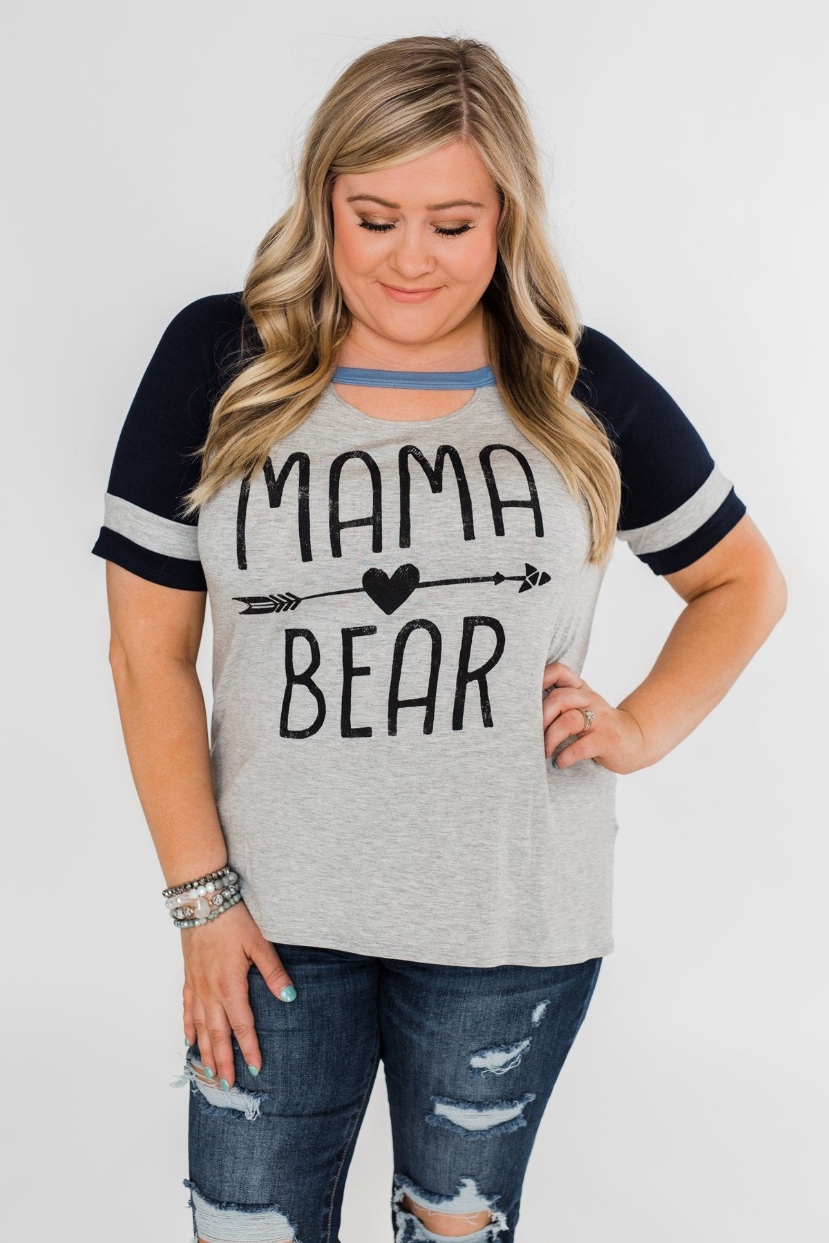 Raglan "Mama Bear" Short Sleeve Top- Heather Grey & Navy
