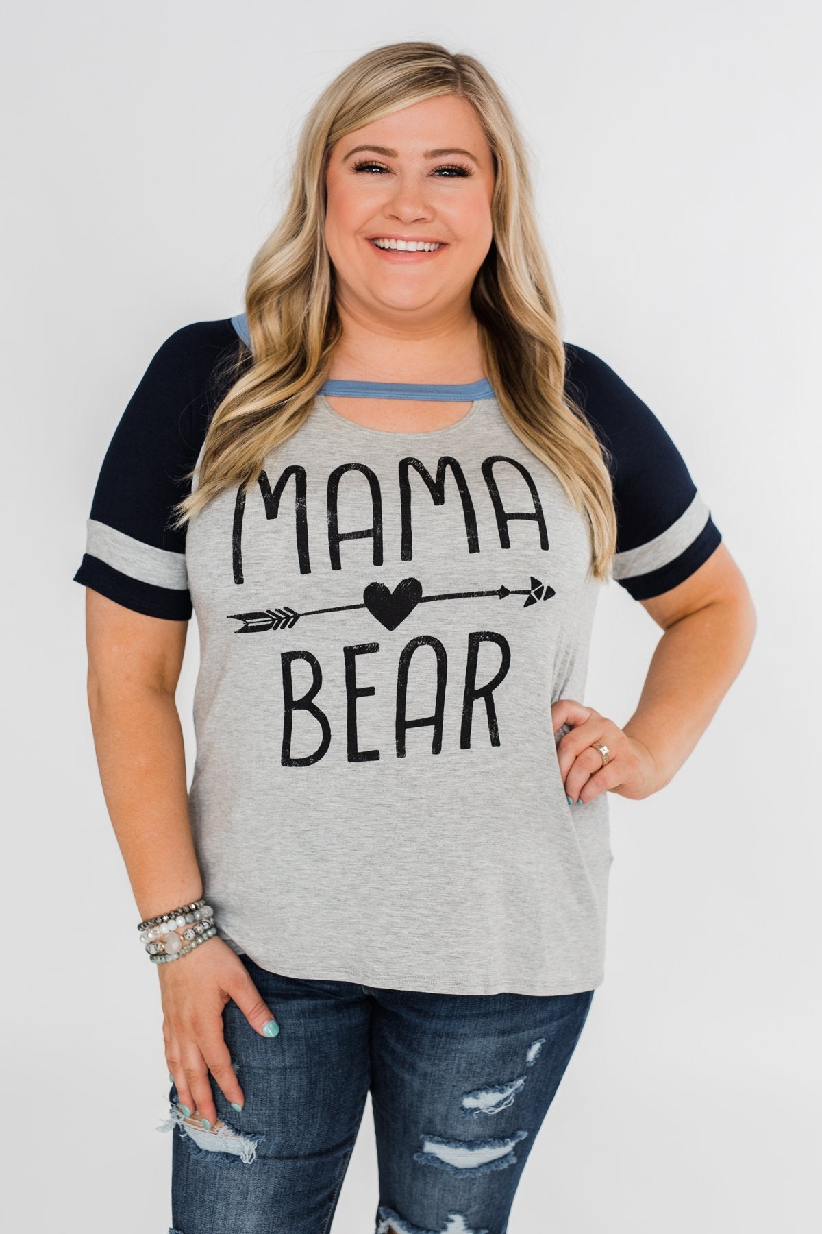 Raglan "Mama Bear" Short Sleeve Top- Heather Grey & Navy