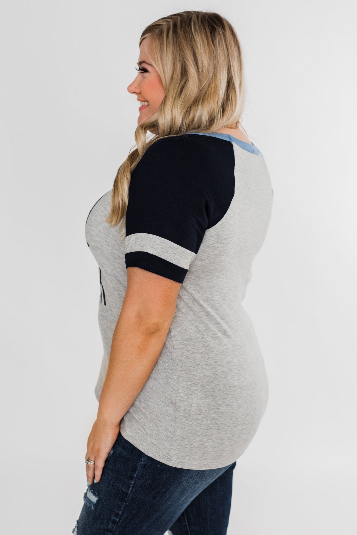 Raglan "Mama Bear" Short Sleeve Top- Heather Grey & Navy