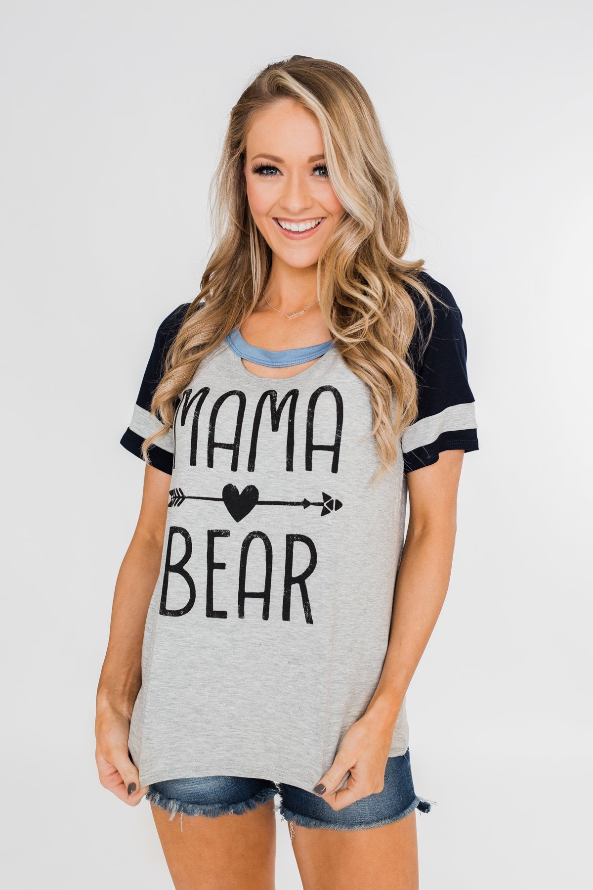 Raglan "Mama Bear" Short Sleeve Top- Heather Grey & Navy