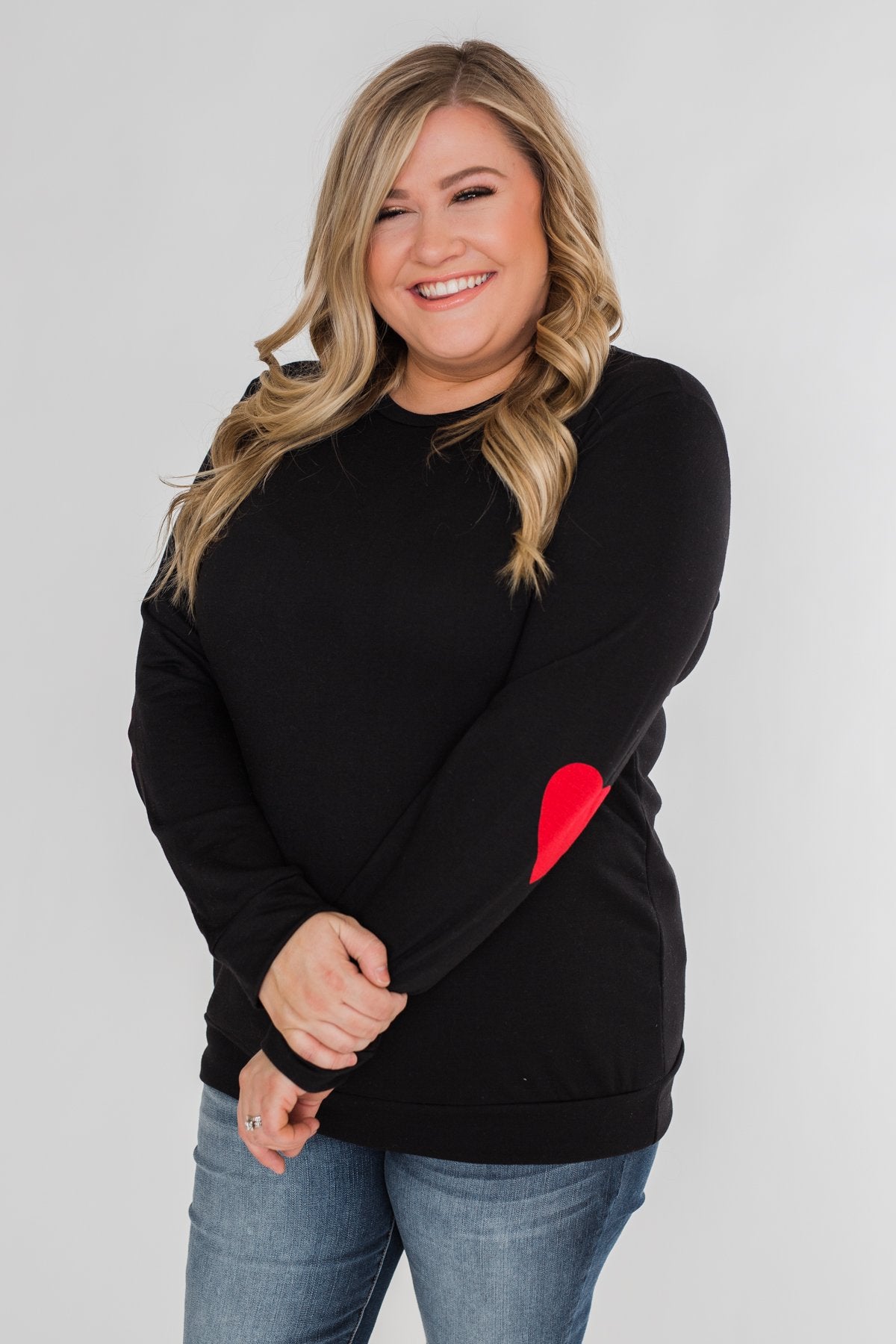 Struck By Love Heart Elbow Patch Top- Black
