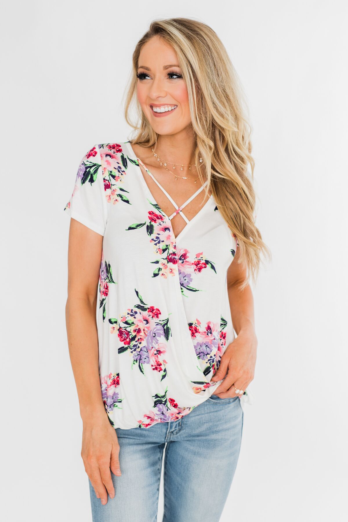 Feeling the Floral Criss-Cross Top- Ivory