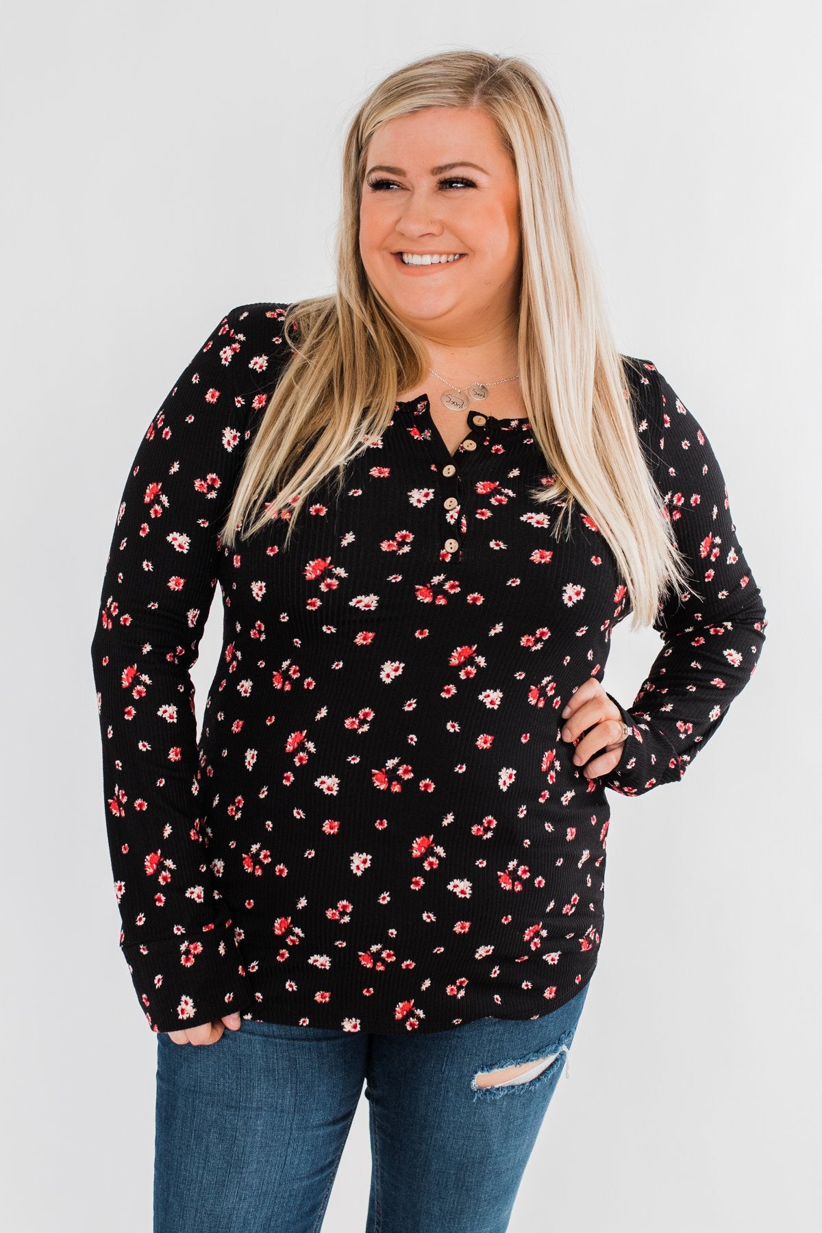 Work of Art Long Sleeve Floral Henley- Black