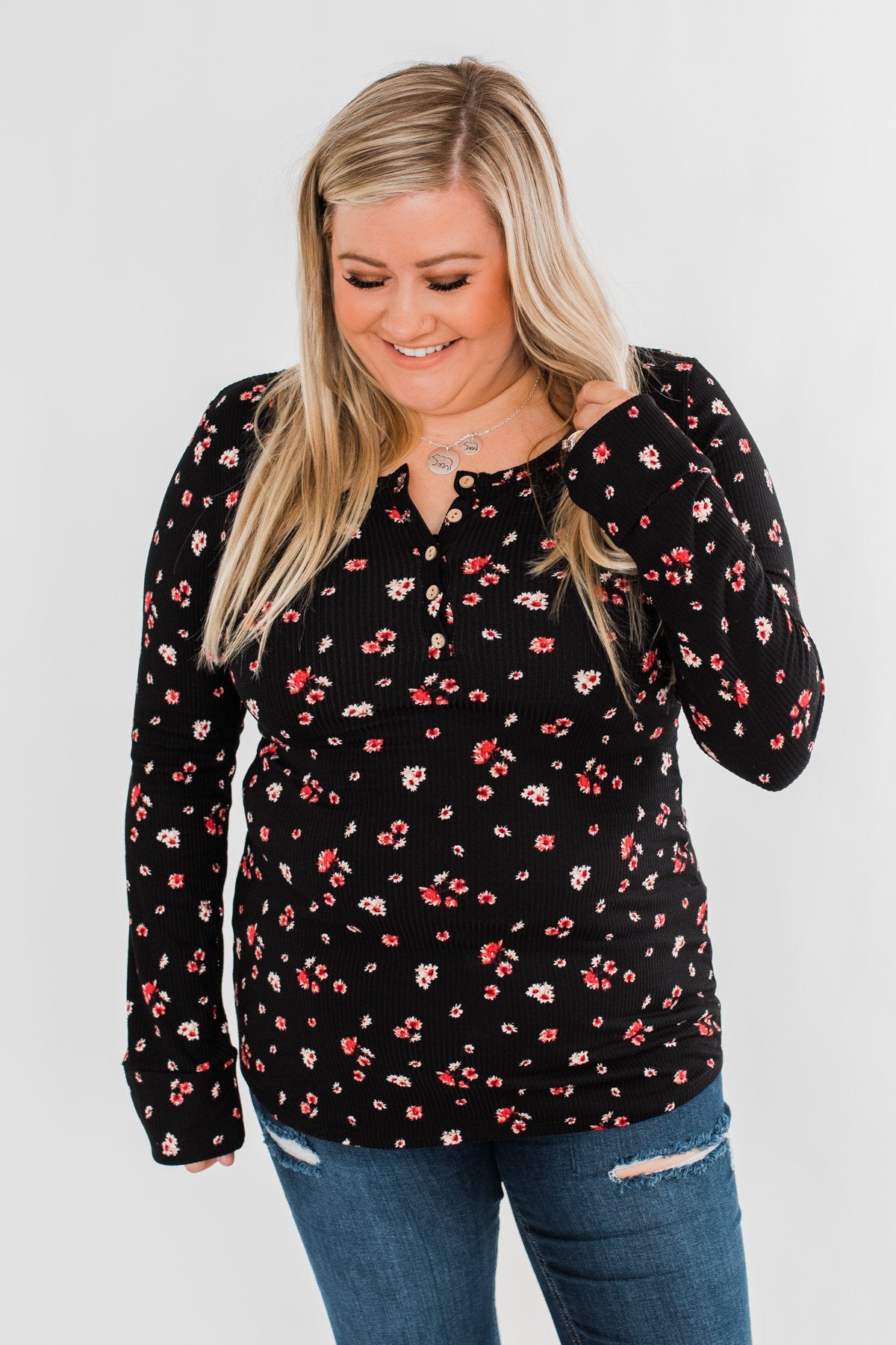 Work of Art Long Sleeve Floral Henley- Black