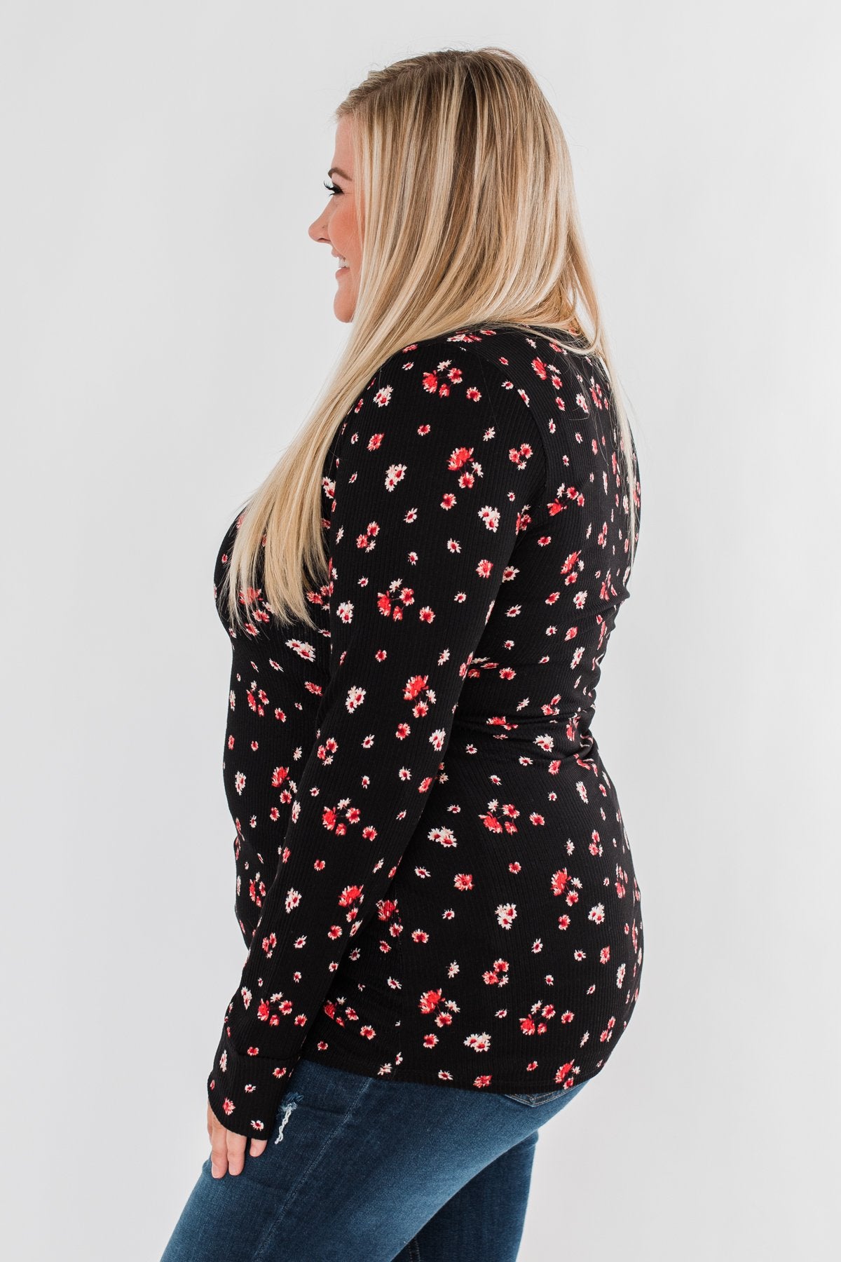 Work of Art Long Sleeve Floral Henley- Black