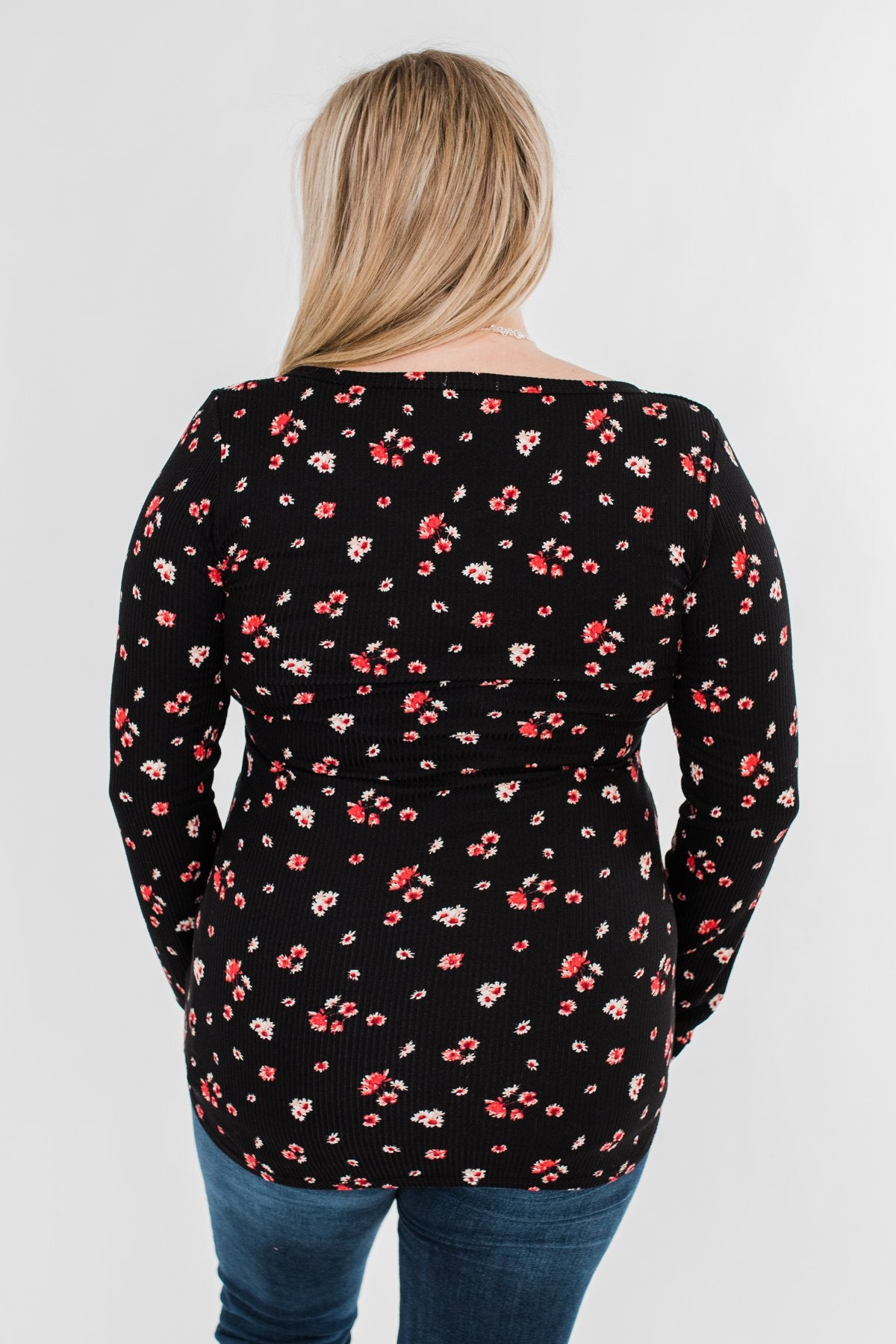 Work of Art Long Sleeve Floral Henley- Black