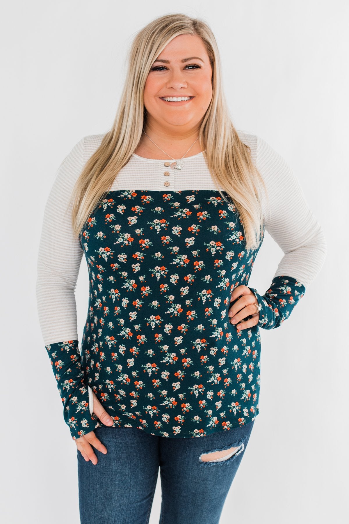 Time Of Your Life Floral & Striped Top- Dark Teal & Oatmeal