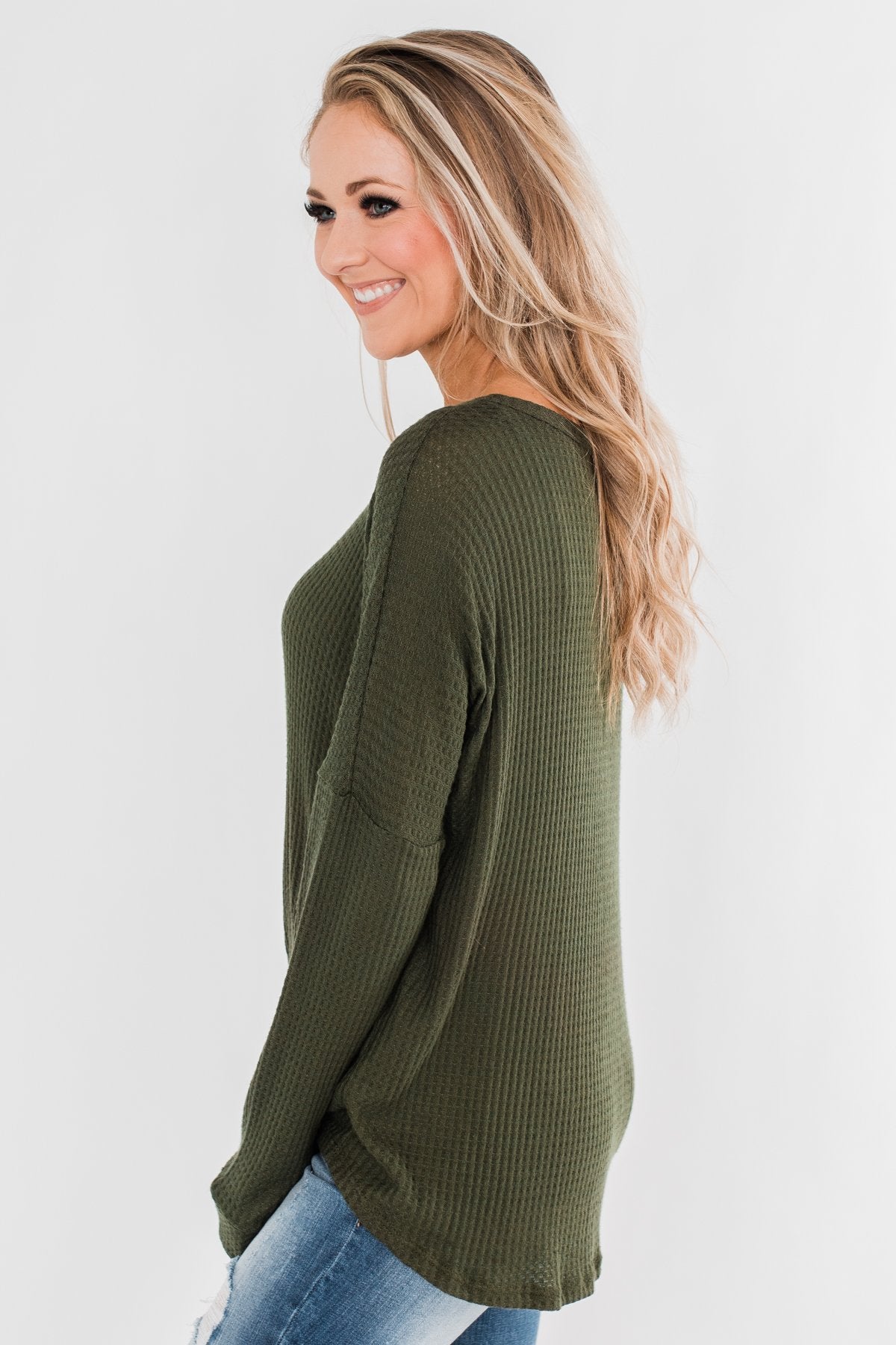 Thermal Button Knot Top- Dark Olive