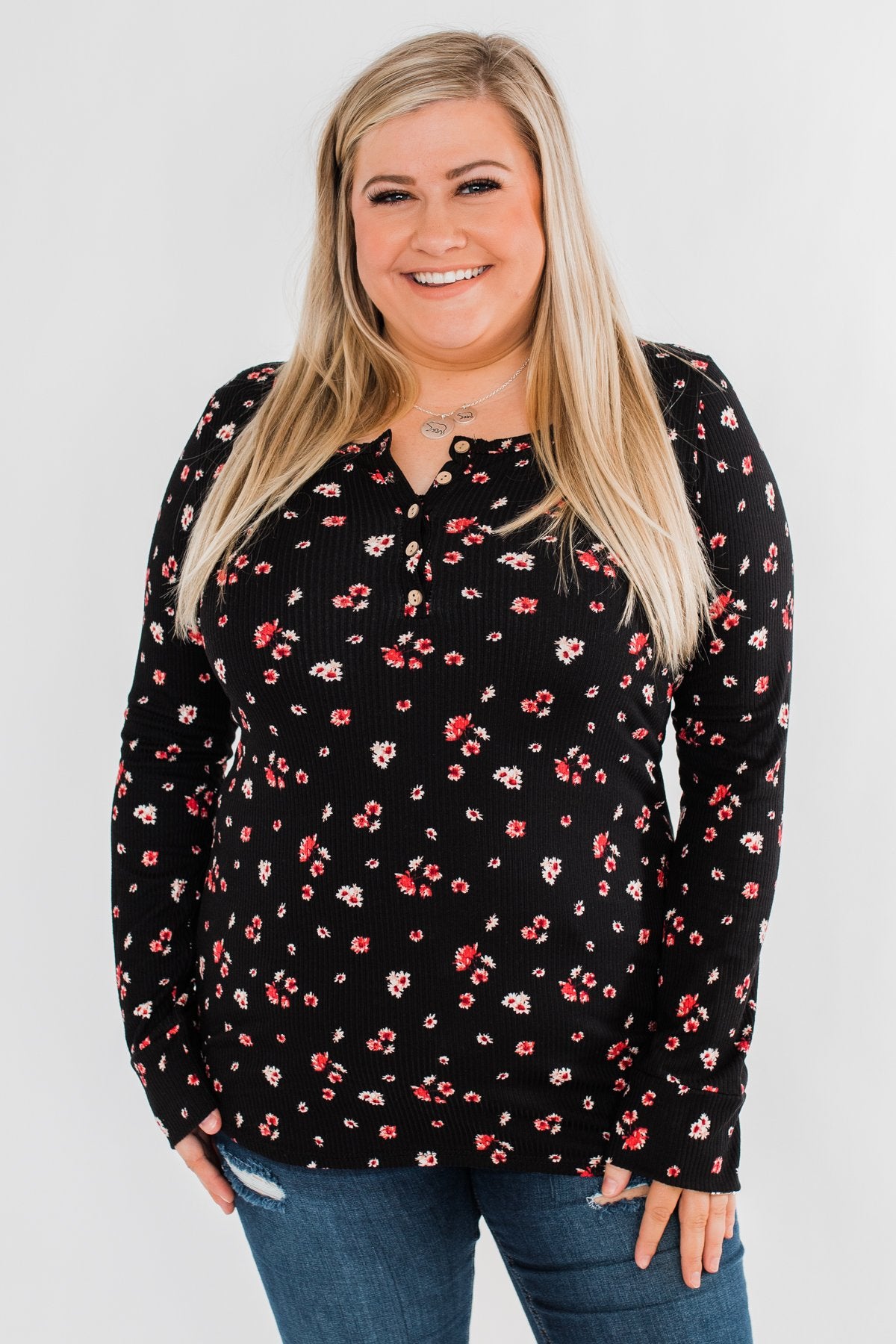 Work of Art Long Sleeve Floral Henley- Black
