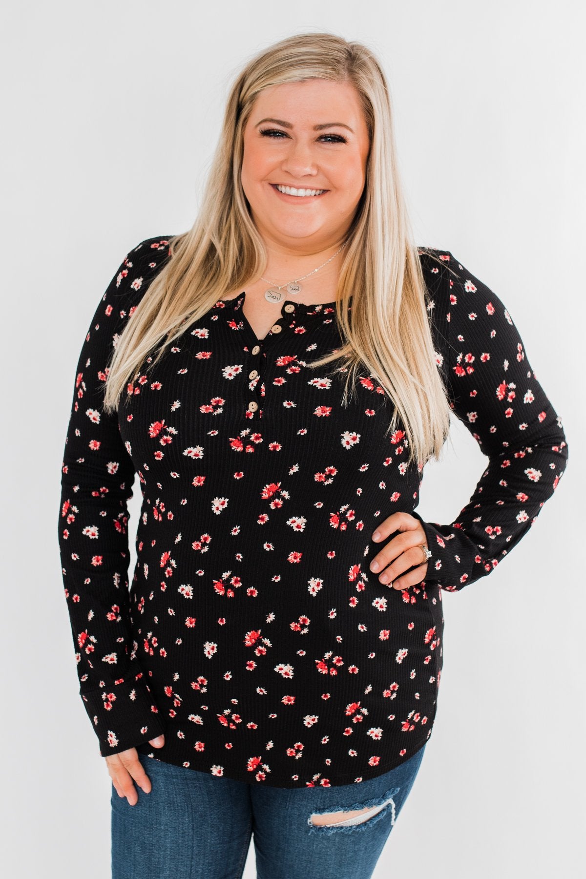 Work of Art Long Sleeve Floral Henley- Black