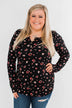 Work of Art Long Sleeve Floral Henley- Black