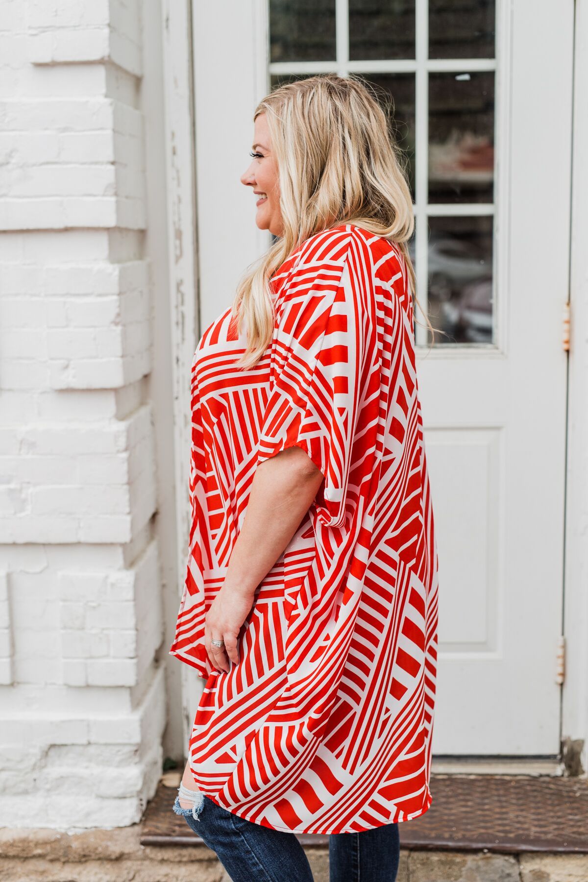 Radiant in Red Short Sleeve Kimono- Ivory