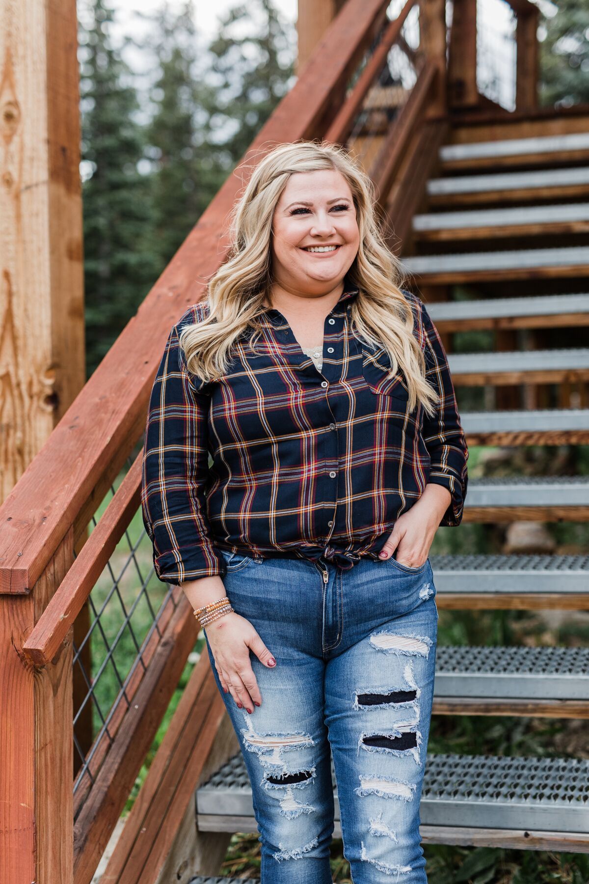 Carrying Your Love Flannel Button Up Top- Navy & Mustard