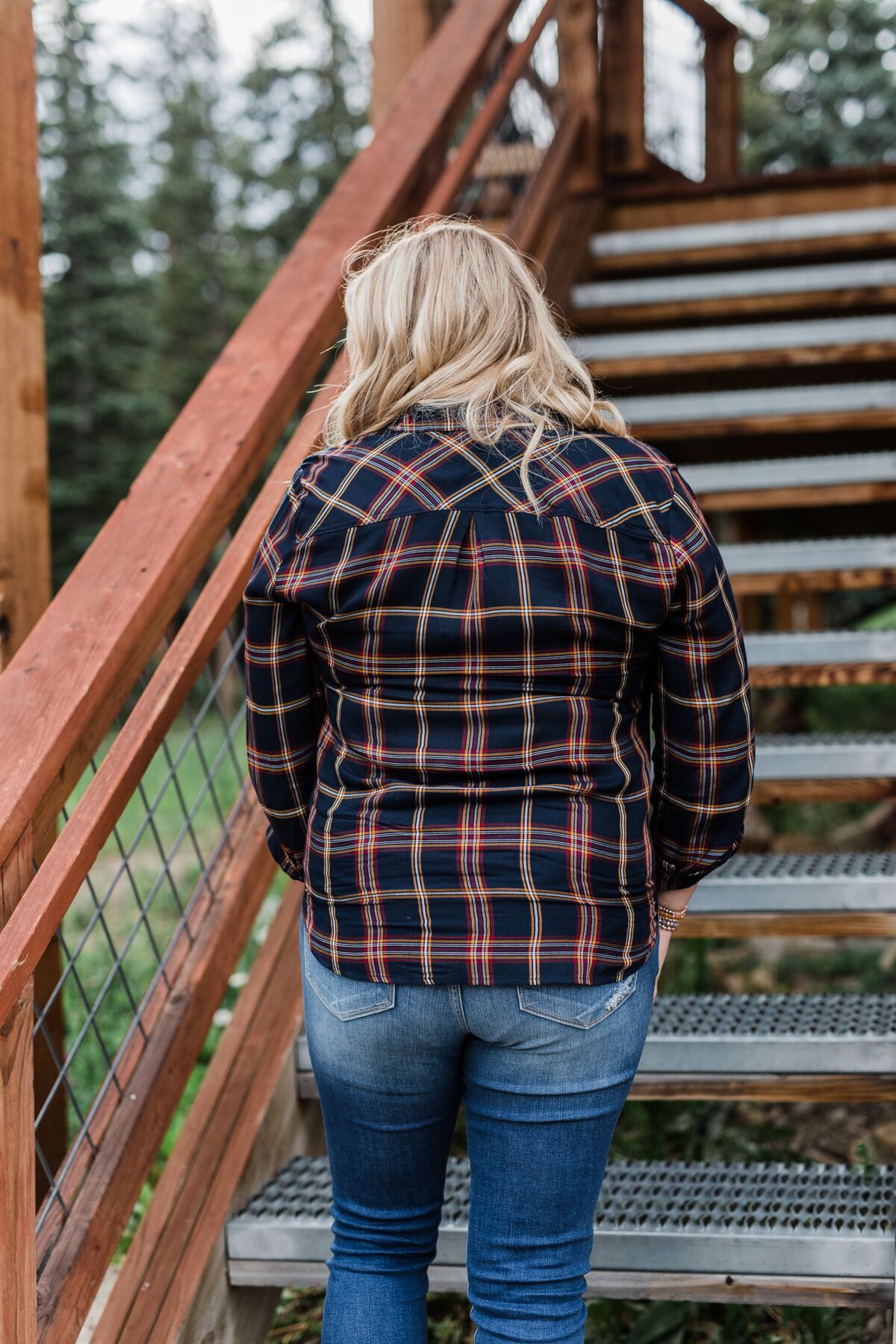 Carrying Your Love Flannel Button Up Top- Navy & Mustard